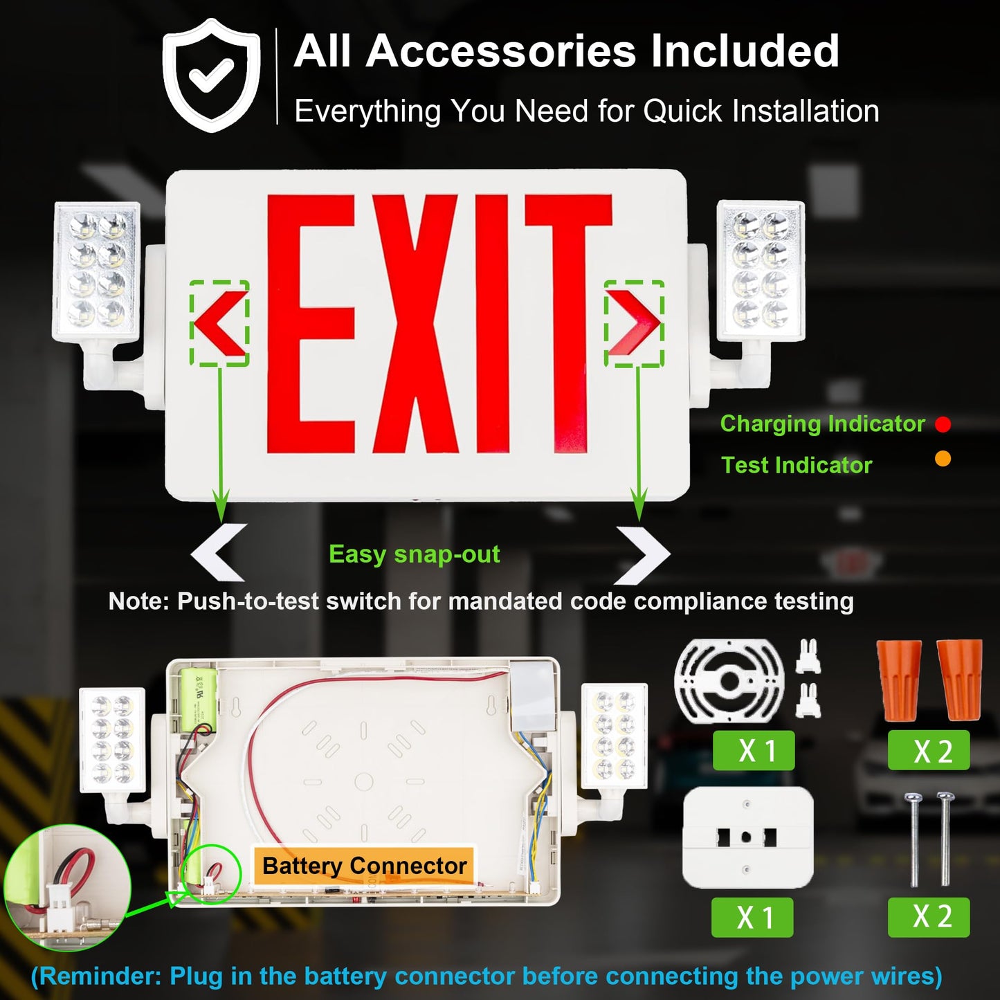 Gruenlich LED Combo Exit Sign, Emergency Light with 2 Adjustable Heads and Double Face, Back Up Batteries- US Standard Red Letter EXIT, UL 924 Qualified, 120-277 Voltage, 4-Pack