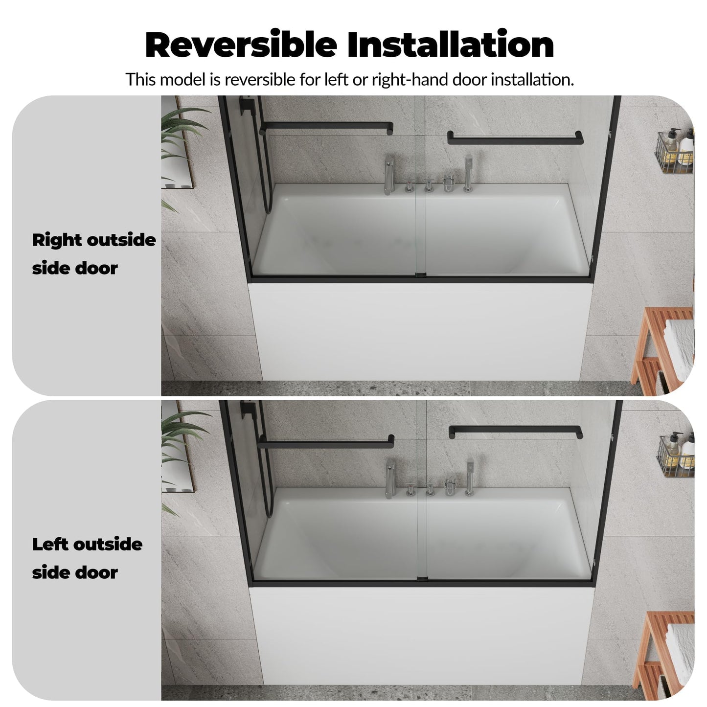 Bathtub Shower Door, 60" W x 59" H Sliding Tub Door with Dual Panels, 6mm (1/4") SGCC Tempered Glass with Explosion-Proof Film & Protective Coating, Matte Black Aluminum Alloy Frame
