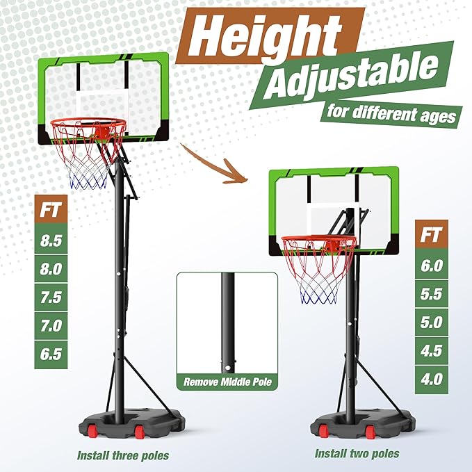 Portable Basketball Hoop Height Adjustable 4.0-10ft: Outdoor Basketball Goal System for Kids Youth Teens in Backyard/Driveway/Indoor, 33-45 Inch Shatterproof Backboard and Stable Base