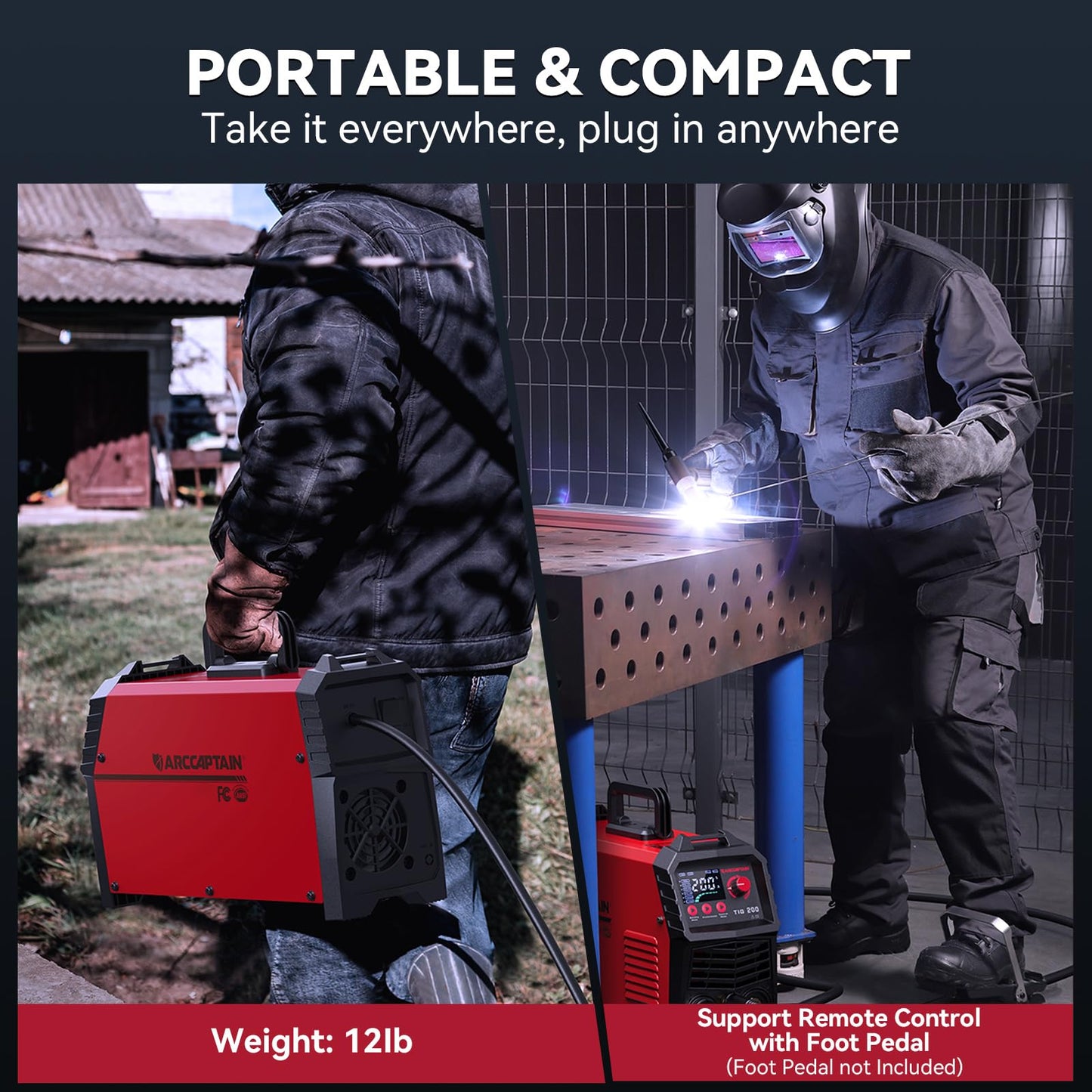 ARCCAPTAIN TIG Welder 200A, High Frequency 110v/220v Dual Voltage TIG/Stick/Arc 2 in 1 Welder LED Digital Display Welding Machine with 2T/4T Function and Tungsten Electrode