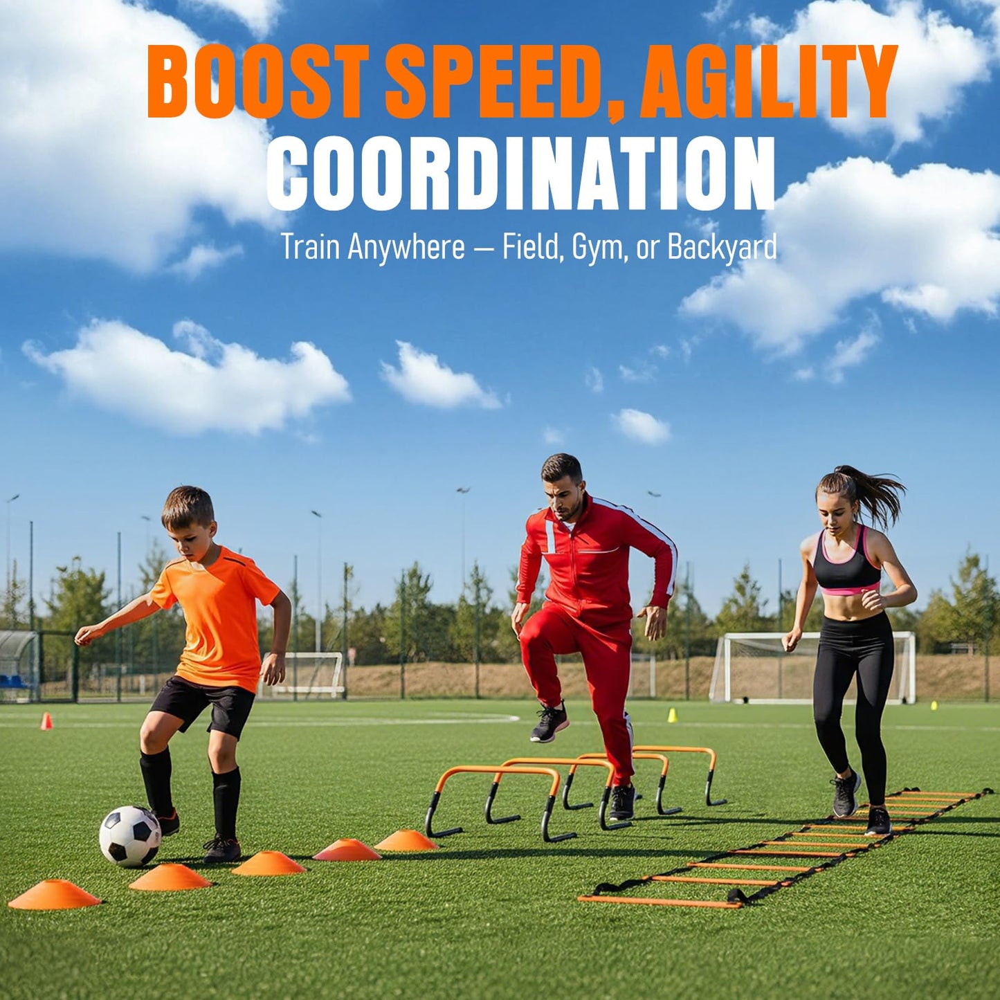 Agility Ladder, Soccer Football Training Equipment Set - 20ft Speed Ladder, 4 Hurdles,Parachute, 12 Cones & Jump Rope | Agility & Speed Training for Kids Youth Adults,Basketball & Football Accessories