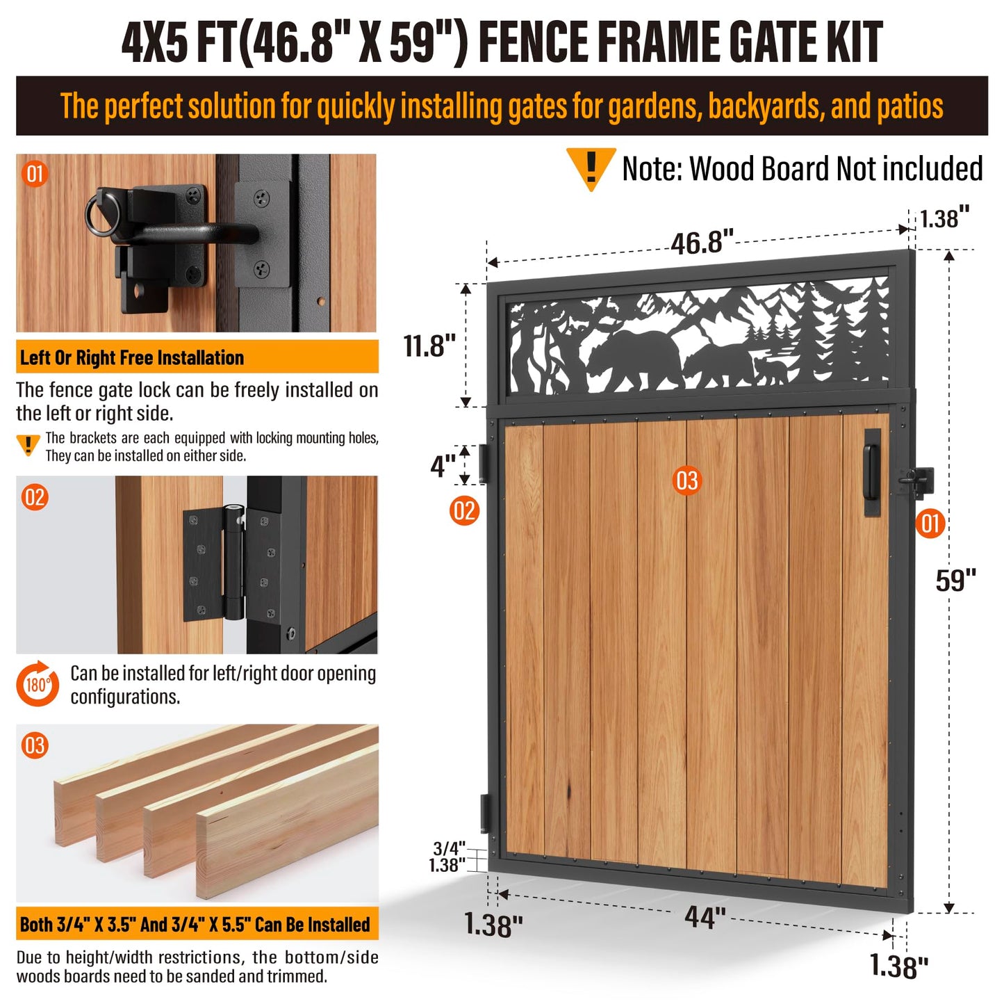 WOWACE 4x5FT Fence Gate Frame Kit 201 Stainless Steel Heavy Duty Garden Gates Anti-Sag Backyard Front Gate Reinforcement Hardware, Left/Right Mount (No Wood Planks Included)