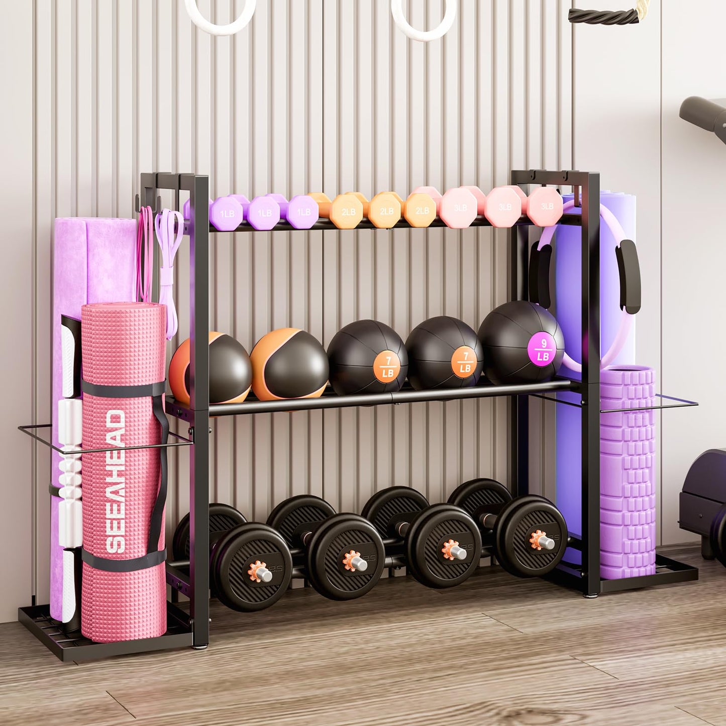 3-Tier Adjustable Dumbbell Rack Heavy Duty Metal Storage Rack, Dumbbell Weight Rack and Kettlebells Rack, Yoga Mat Organizer, Multi-Purpose Gym Equipment Storage Stand for Home Gym Accessories