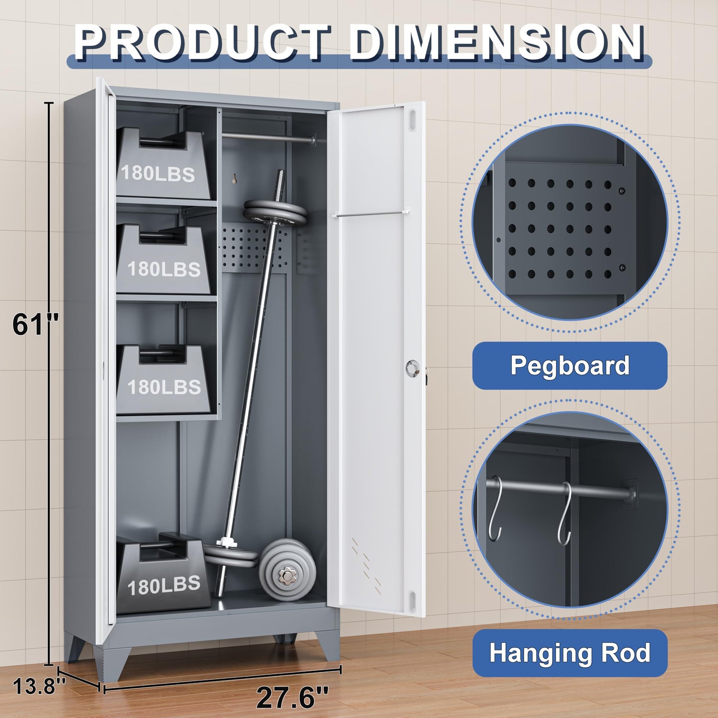CBNTKI 61" Broom Storage Cabinet, Cleaning Tool Storage Cabinet, Garage Utility Storage, Metal Broom Closet for Home, Garage, Utility Room, Hanging Rod (Gray White, Door-2)