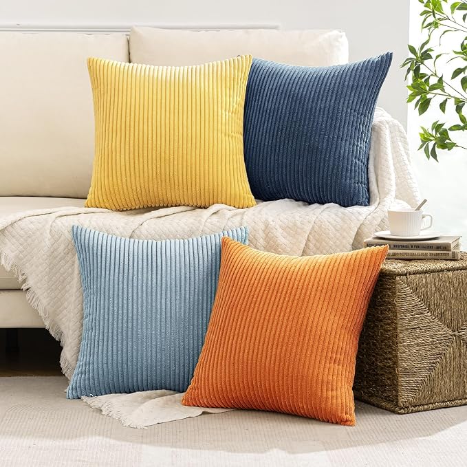MIULEE Pack of 4 Blue-Orange Corduroy Decorative Throw Pillow Covers 20x20 Inch Soft Boho Striped Pillow Covers Modern Farmhouse Home Decor for Summer Sofa Living Room Couch Bed