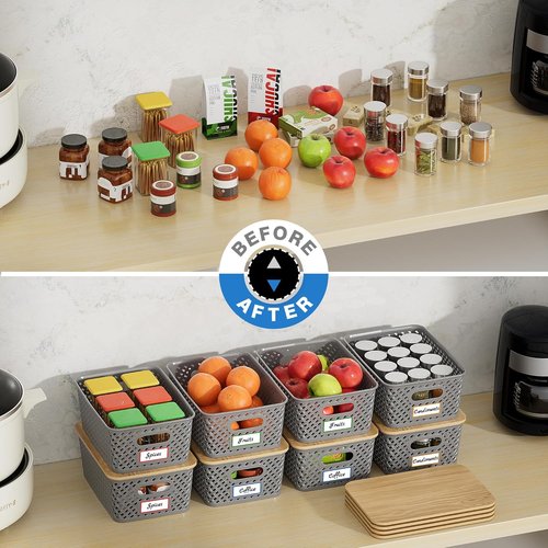 Anysig Plastic Storage Bins - 8 Pack Stackable Baskets with Bamboo Lids for Organizing | Grey