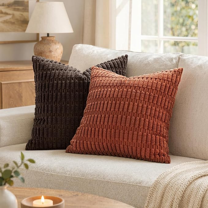 MIULEE Pack of 2 Corduroy Decorative Throw Pillow Covers 16x16 Inch Soft Boho Striped Pillow Covers Modern Farmhouse Home Decor for Sofa Living Room Couch Bed Rust