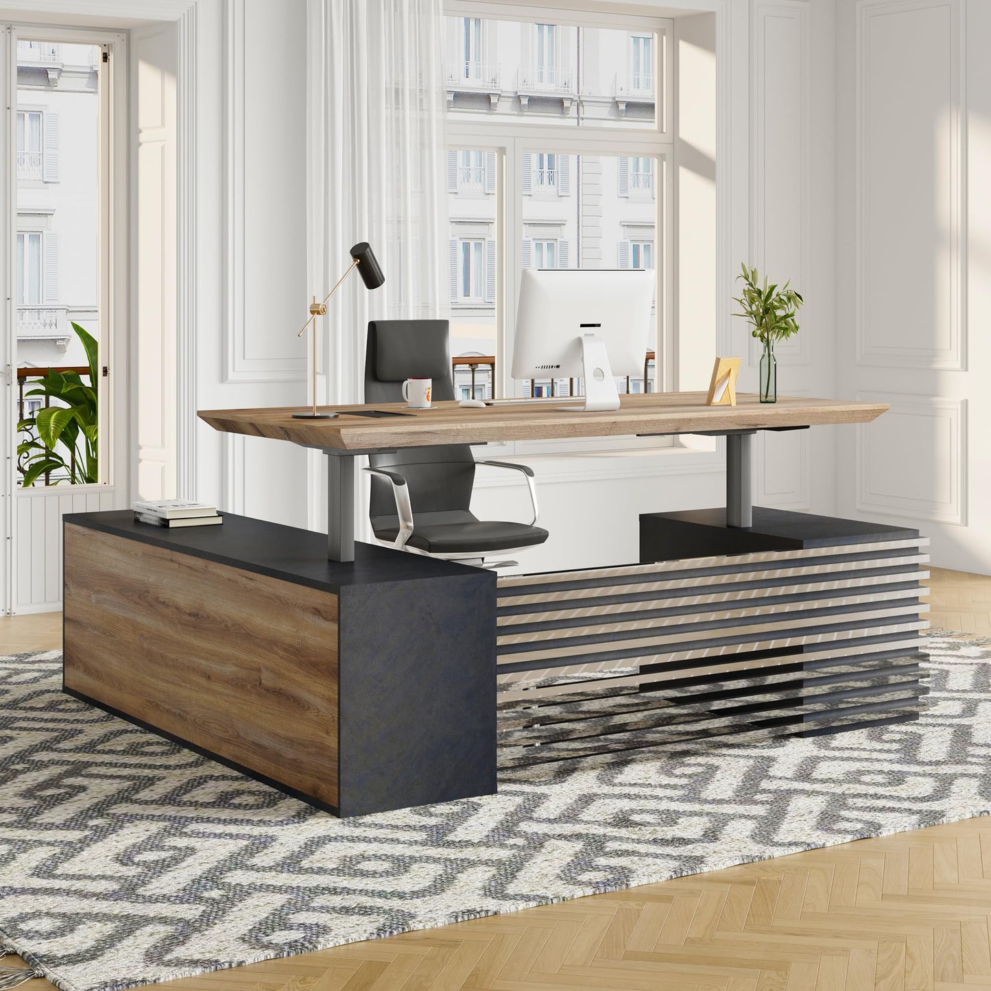 Electric Height Adjustable Executive Desk, Luxury L-Shaped Office Desk with Storage Cabinet & Charging Station, Solid Thickened Desktop, 70" Modern CEO Workstation for Home Office & Corporate Office