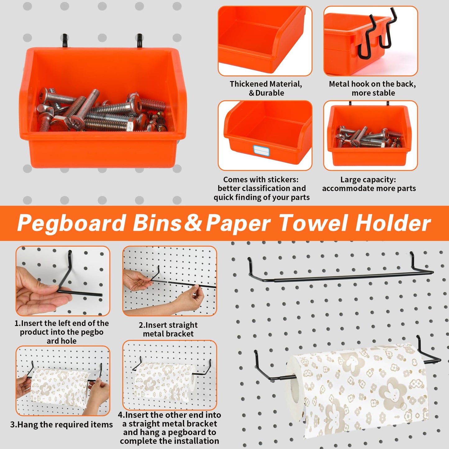 Hogurity 296 PCS Extra Thick 0.2'' Pegboard Hooks for 1/4" Peg Board Hanging Tools, Heavy Duty Metal Black Pegboard Accessories with Pegboard Bins and Peg Locks for Garage Organization