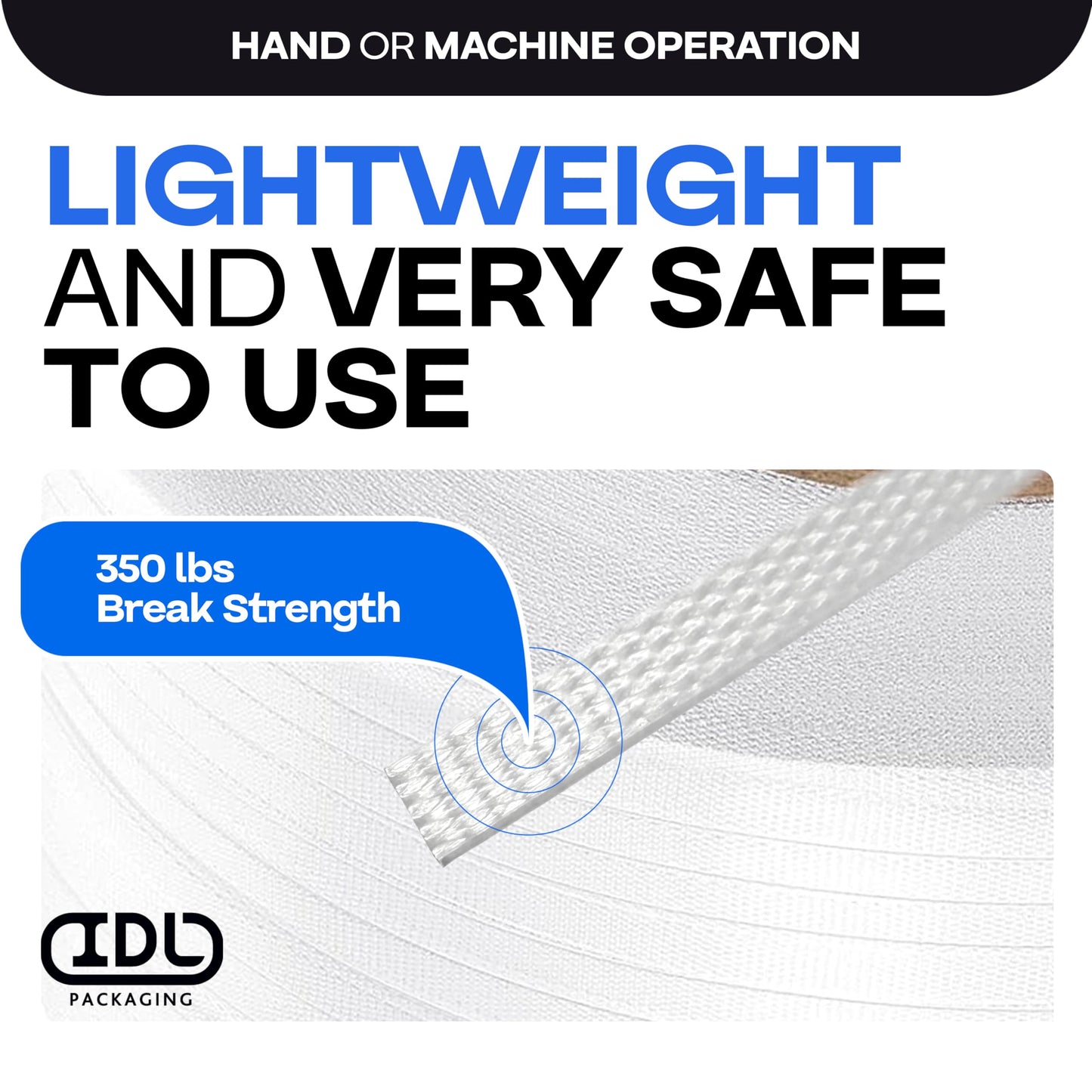 IDL Packaging 1/2" x 9900' Machine Grade Polypropylene (PP) Strapping Roll of 8" x 8" Core Size (350 lbs Break Strength) for Automatic and Semi-Automatic Machines - Lightweight Poly Banding Packaging