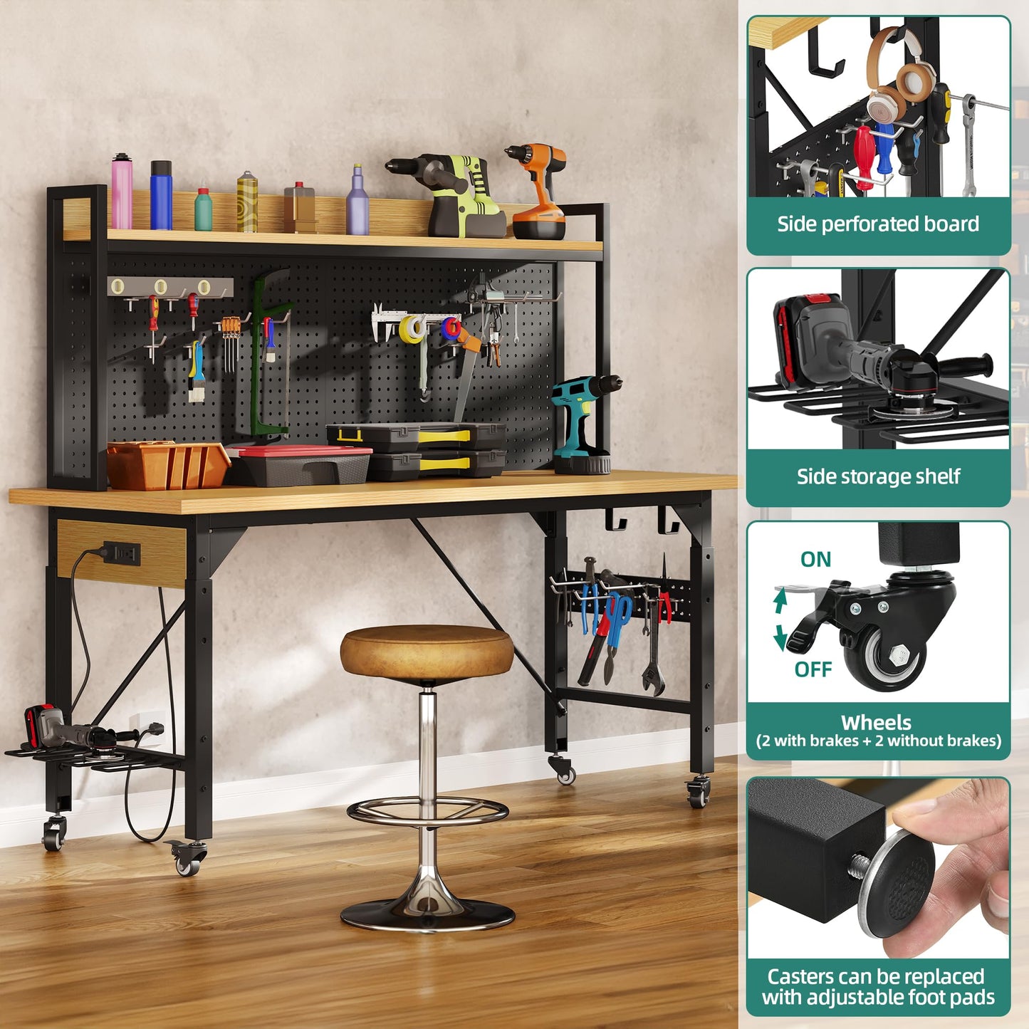 YITAHOME 48" Adjustable Workbench with Pegboard, Wheels, 1600 LB Capacity, Rolling Work Table with AC/USB Outlets, Hooks, and Rack, Heavy-Duty Work Bench for Garage, Workshop, Office