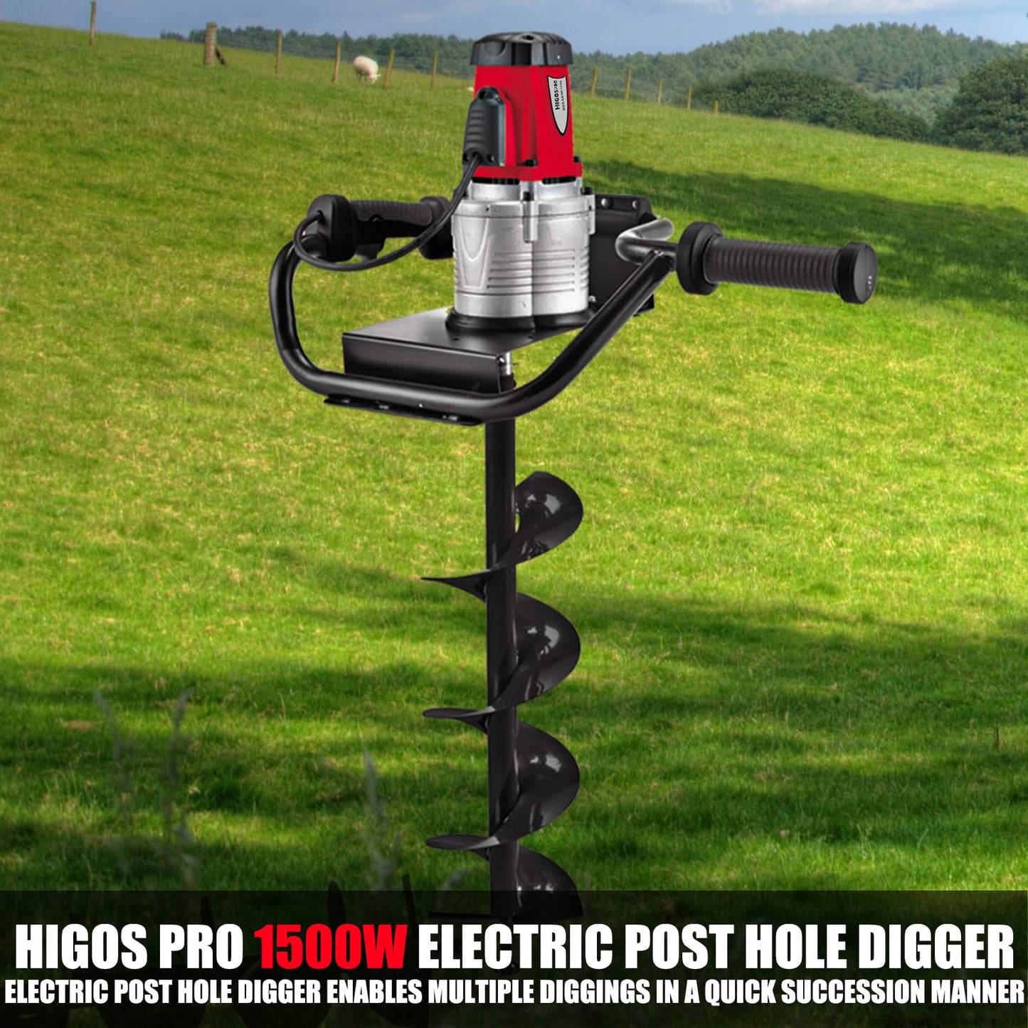 HIGOSPRO 6-Inch & 4-Inch Auger Bit Earth Auger, 1500W Electric Post-Hole Digger, Ideal for Post Hole Digging, Drilling, Tree Planting