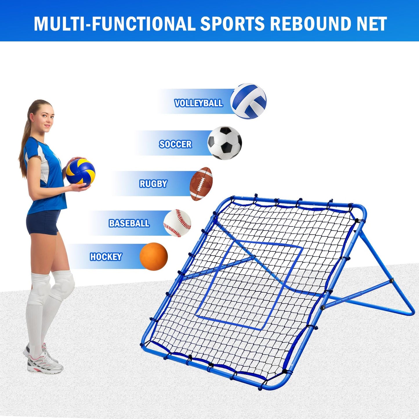 Volleyball Rebounder Net, Soccer Baseball Rebound Pitchback Net, 4x4ft Adjustable Target Practice Nets, Easy Setup Softball Bounce Back Trainer Equipment, Improve Sport Training Skills for Backyard