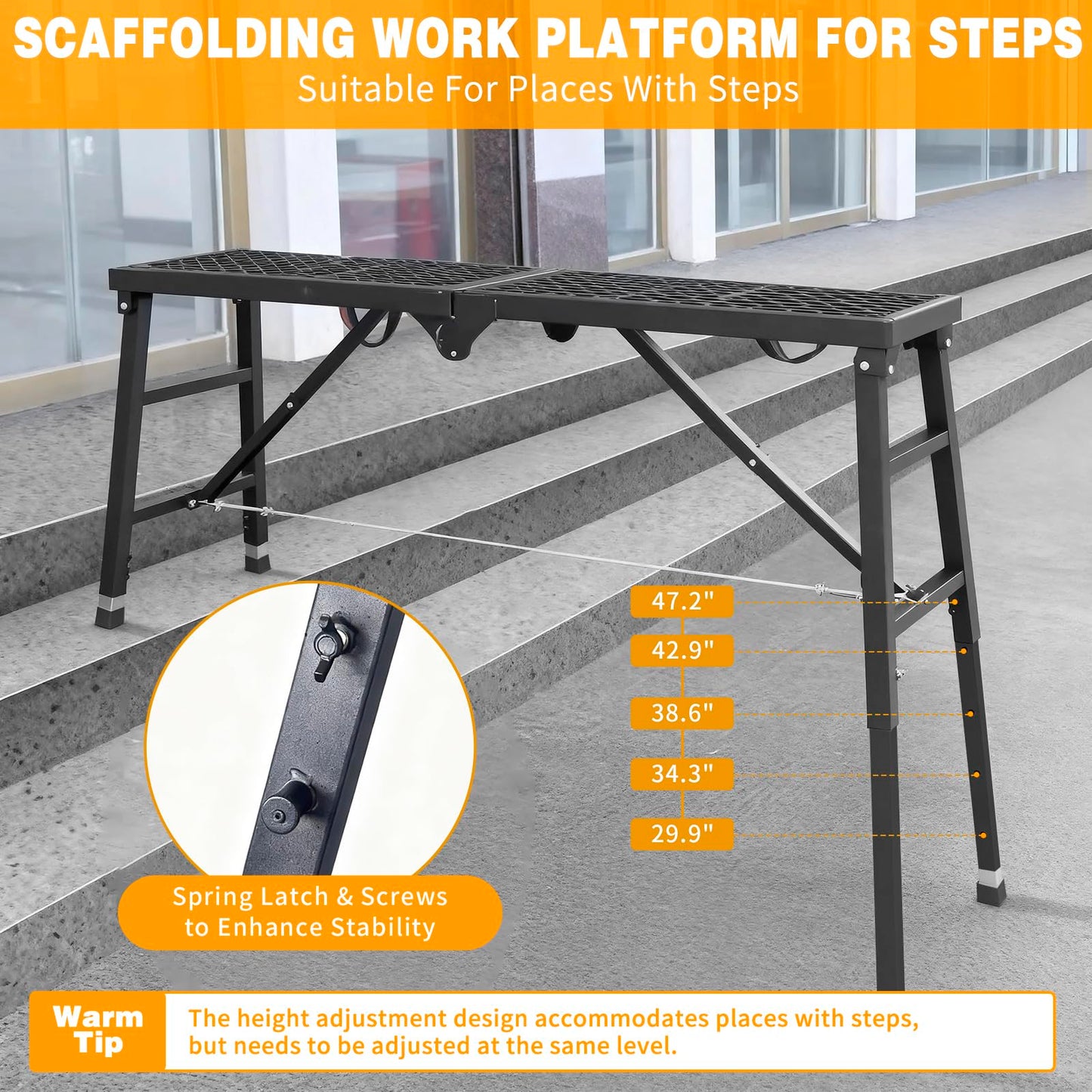 Scaffolding Work Platform, 29.9" to 47.2" Height Adjustable Work Platform, Foldable Scaffold for Building Construction, Interior Painting, Home Improvement（450LBS Capacity, Black,5 Heights Options)