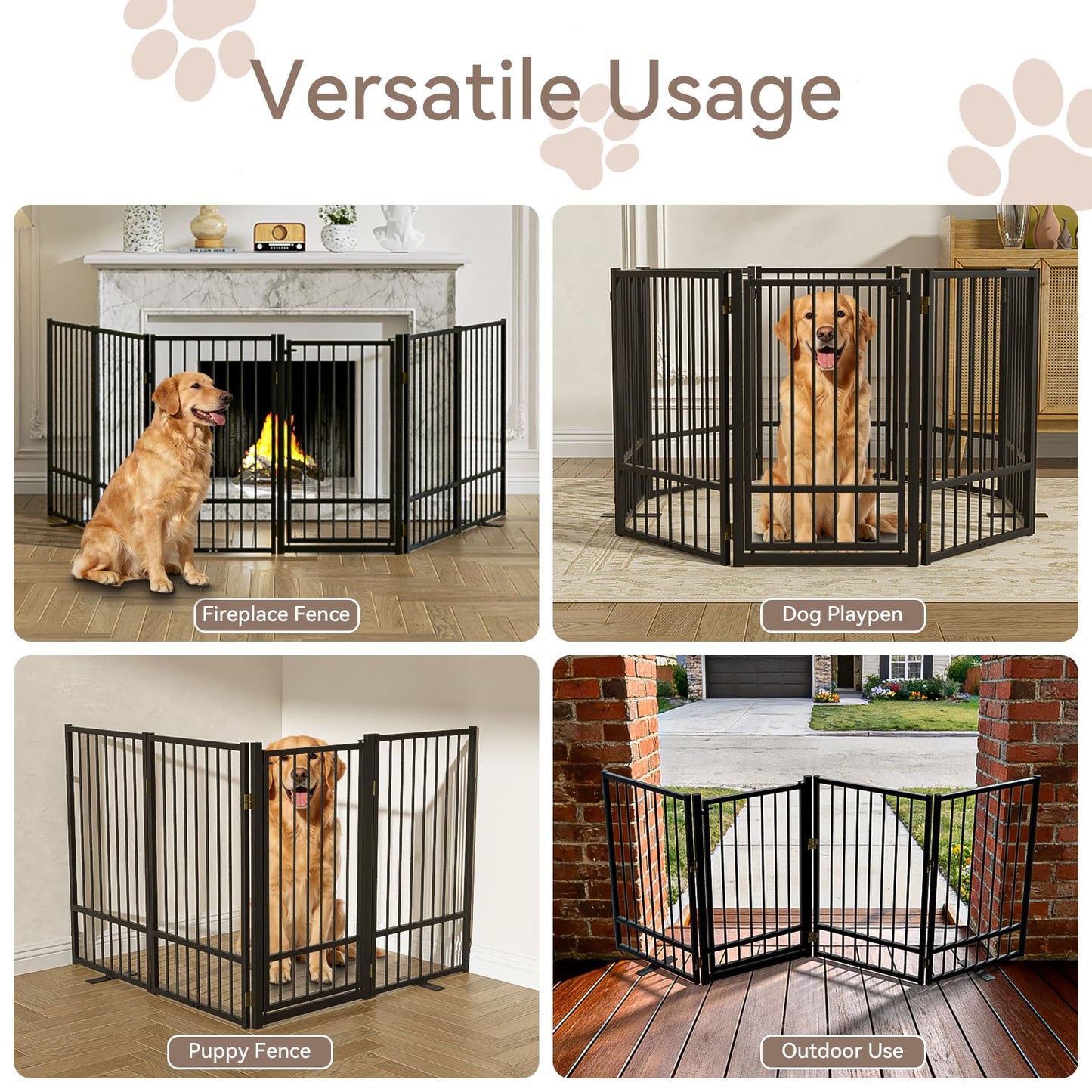 SNUOWU Full Metal Freestanding Dog Gate with Door, 32''Height Foldable Pet Dog Fence for Indoor & Outdoor, 4 Panels Extra Wide Free Standing TallDog Gates for Doorways,House,Stairs,Porch,Deck,Yard