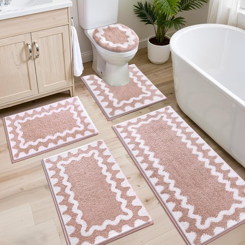 Findosom Bathroom Rugs Sets 5 Piece, Absorbent Soft Non-Slip Washable Microfiber Shaggy Bath Mat Set with Bathroom Runner Rug, U-Shaped Toilet Rugs, Shower Rug & Toilet Lid Cover, Pink-White