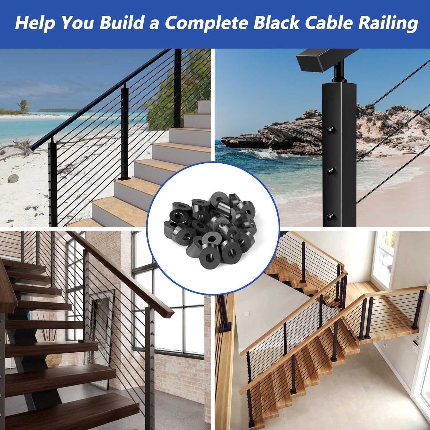 Zylorix 20 Pack 0.35" ID T316 Angle Washers Max for 5/16" Cable Railing Hardware, Marine Grade Stainless Steel 33° Angle Beveled Washers for Stair Deck Metal Wood Aluminum End Posts, Black