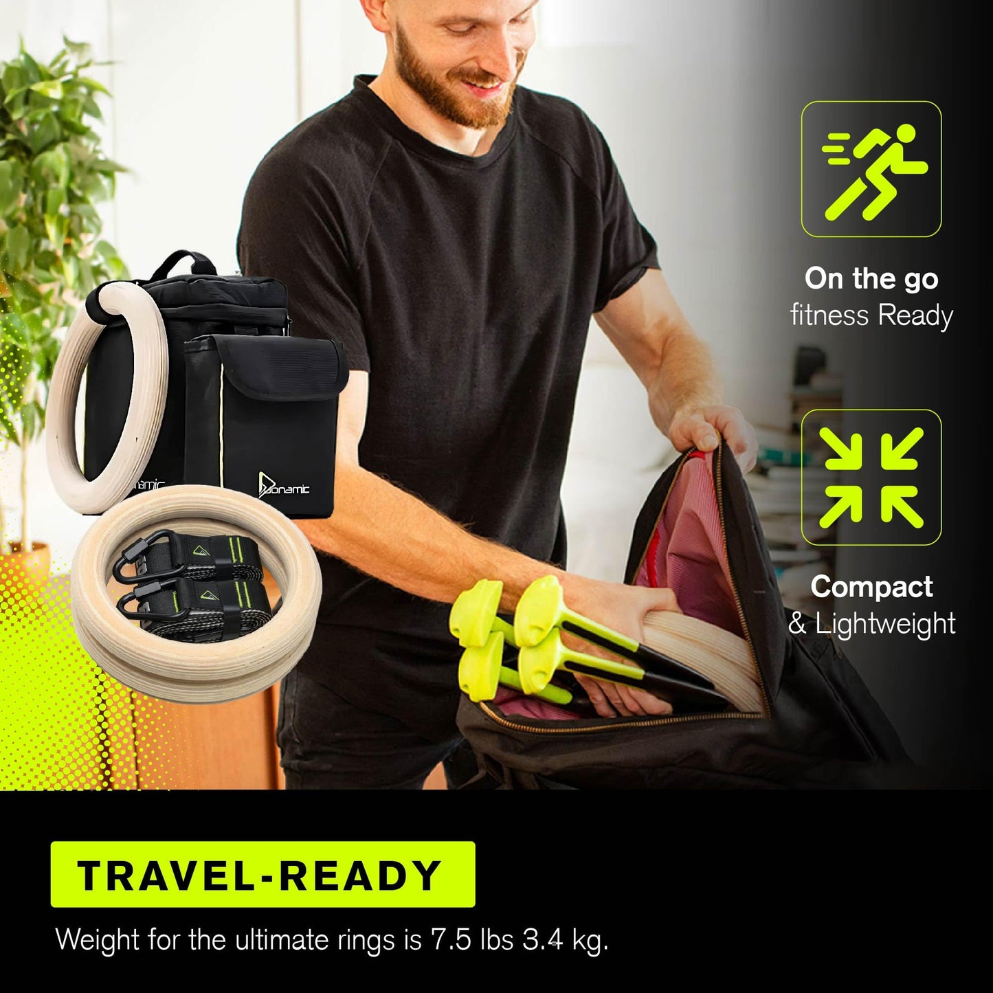 Eleviia Ultimate Pullup Travel Package: 9-Piece Kit Includes The Original Eleviia Doorway Pullup Bar System, Wooden Rings and Travel Straps, and Super Compact Travel Bag