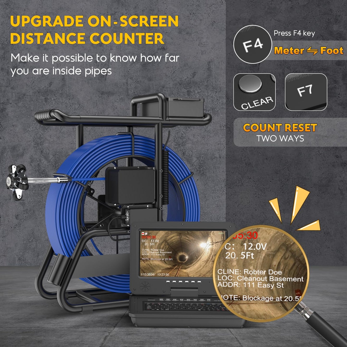 Anysun Sewer Camera 512Hz, Self-Leveling & Distance Counter, 7mm Thicker Cable, Keyboard, 10" IPS Adjustable Monitor,1-Touch Video/Audio, Drain Pipe Inspection Camera IP68 with DVR & 16GB Card - 165Ft