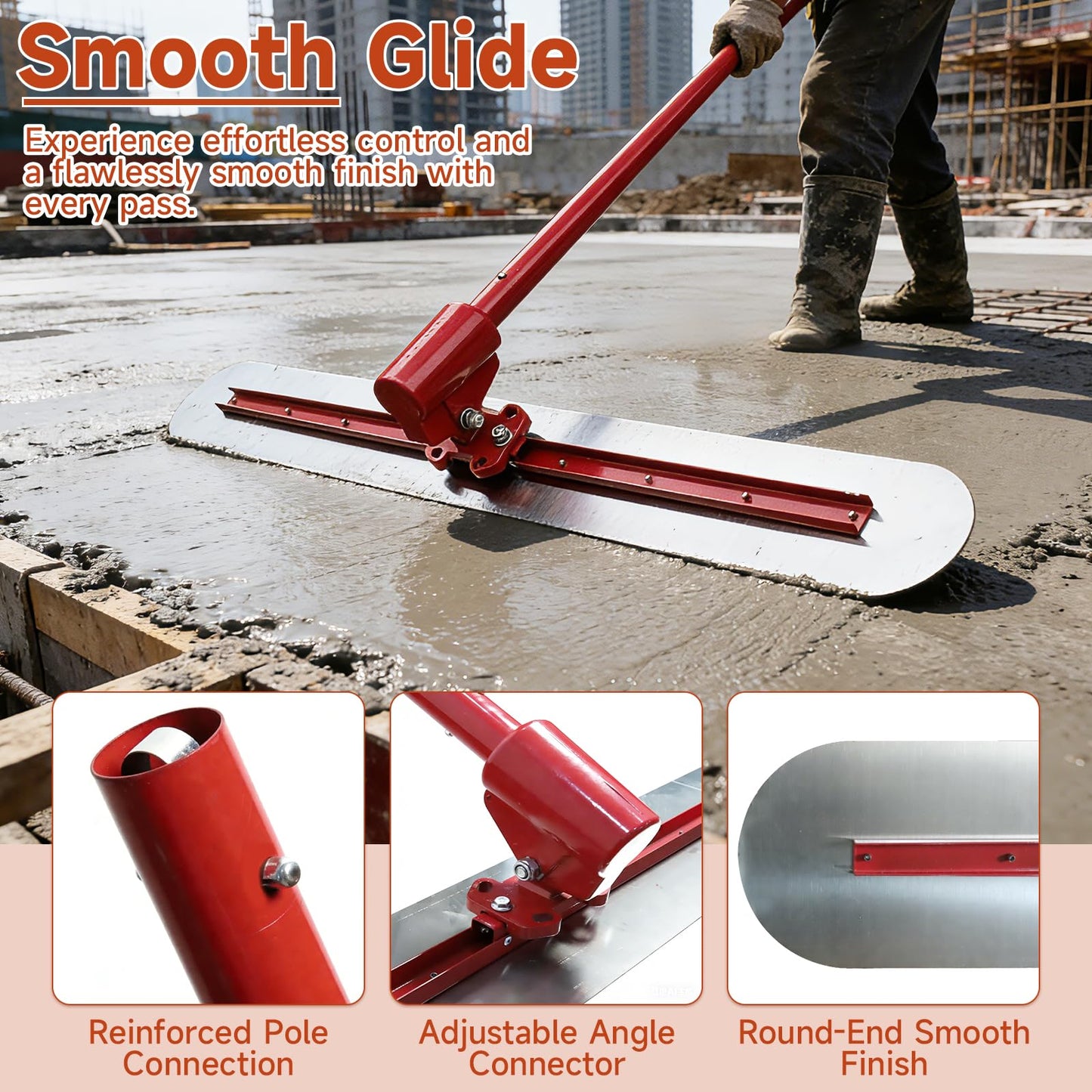 Concrete Bull Float Tool Kit, 48"x8" Round End Aluminum Magnesium Alloy Cement Trowel Board with Adjustable Bracket, 45" Extendable Handles x4 for Screeding and Finishing