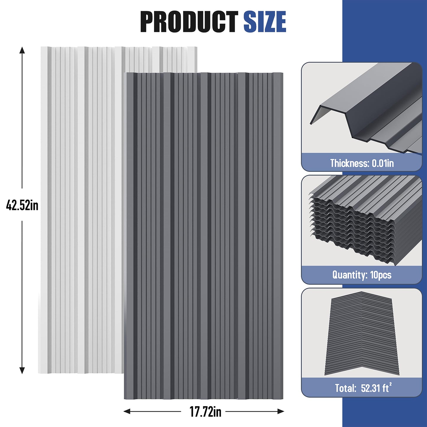Brakki Metal Roofing Panels 10pcs 52.4 ft², Grey Corrugated Galvanized Steel Roof Panels with Screw, Heavy Duty Metal Siding Suitable for Garages Chicken Coop Sheds Stables Patio