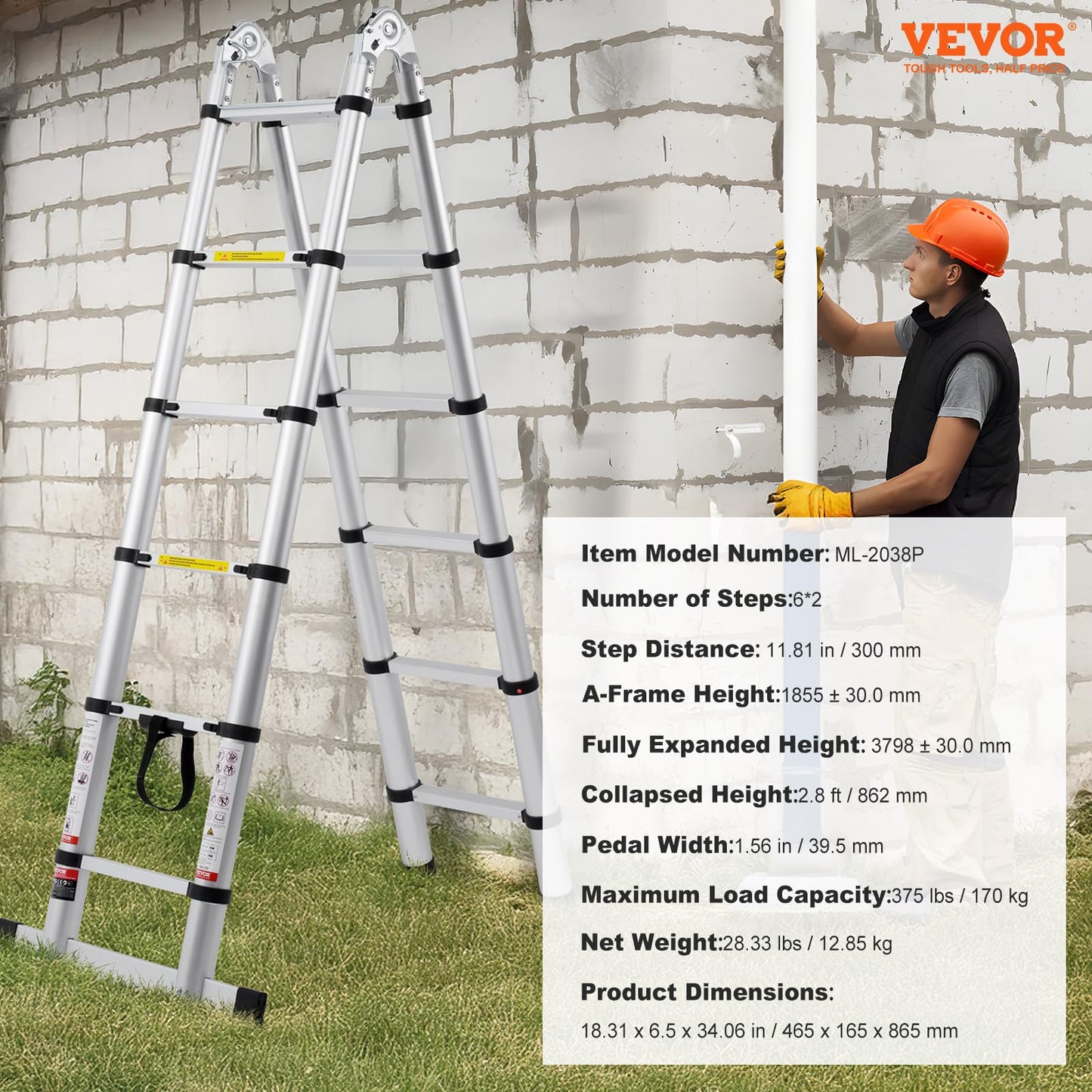 VEVOR 12.5FT Aluminum Telescoping A-Shape Extension Ladder, 375 LBS Capacity Lightweight, Multi-Button Retraction Collapsible Multi-Purpose Ladder with Stabilizer Bar for RV & Camper