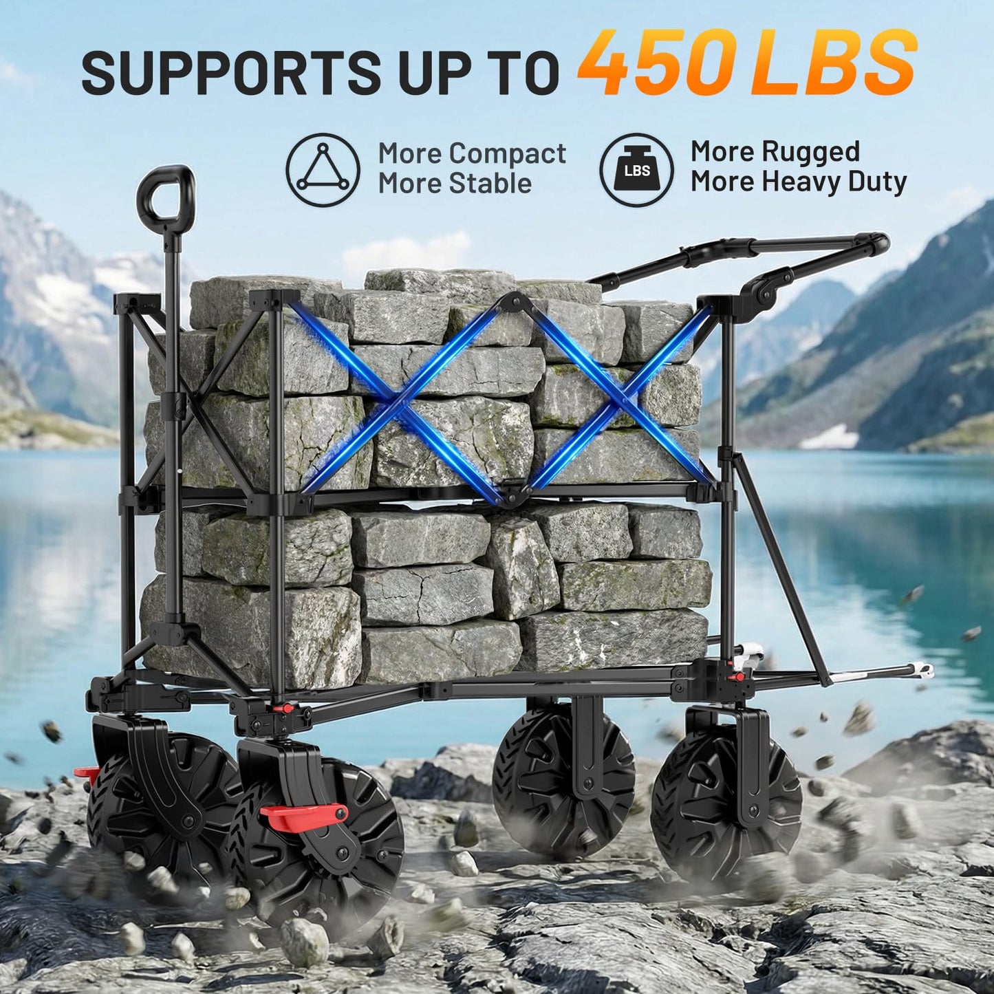 TIMBER RIDGE Push & Pull Double Decker Wagon, 400L Large Capacity Heavy Duty & 450lb Load, Collapsible Cart with All-Terrain Wheels & Brakes, 54” Extended Foldable for Sports, Beach, Camping, Black