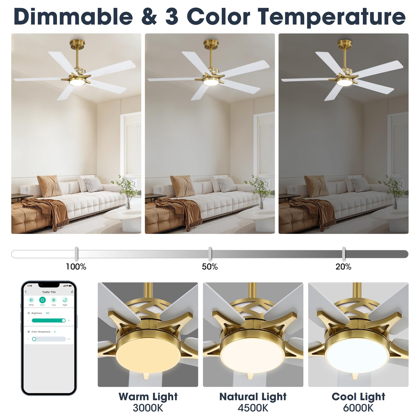 WINGBO 52" Smart Ceiling Fan with Lights, 5 Plywood Blades, 6 Speeds Reversible DC Motor, Works with Alexa and Google Assistant, 3CCT Dimmable LED Ceiling Fan for Bedroom Living Room, Brass and White