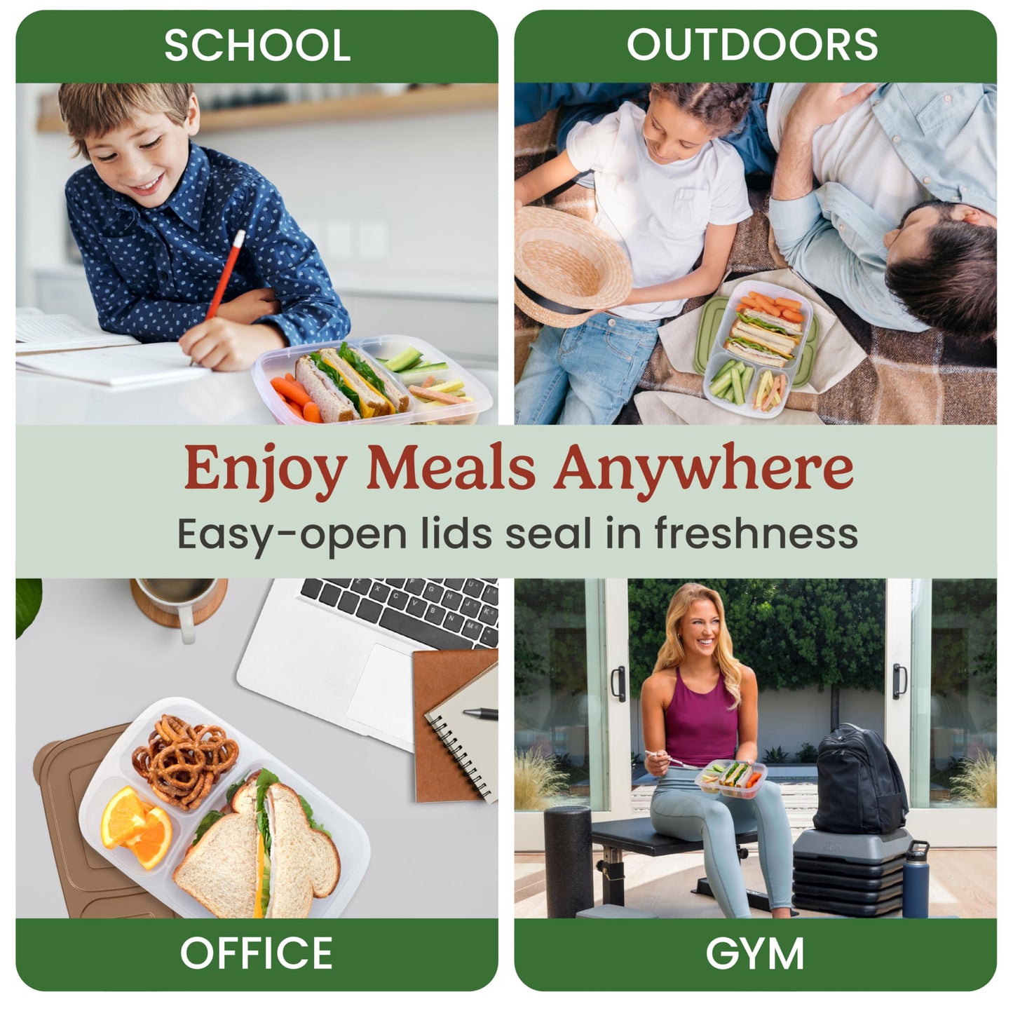 Bentgo Easyboxes - Original Stackable Lunch Boxes - Reusable 3-Compartment Food Containers for Kids and Adults - Bento Lunch Box for Meal Prep, School, & Work - BPA Free, (Earth Tones (4-Pack))