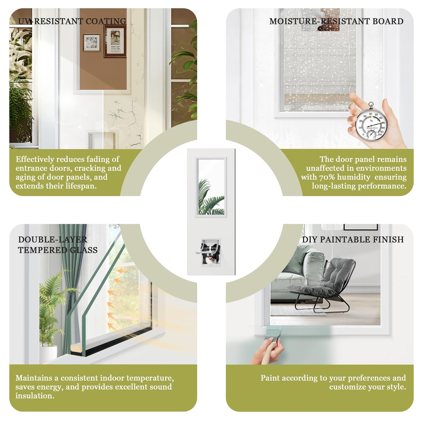 Lakenyon Entry Door, 30" x 80", 1-Panel Frosted Glass, Front Door with Dog Door, Solid Wood & MDF Construction, Waterproof Primer, Easy to Install, DIY-Friendly