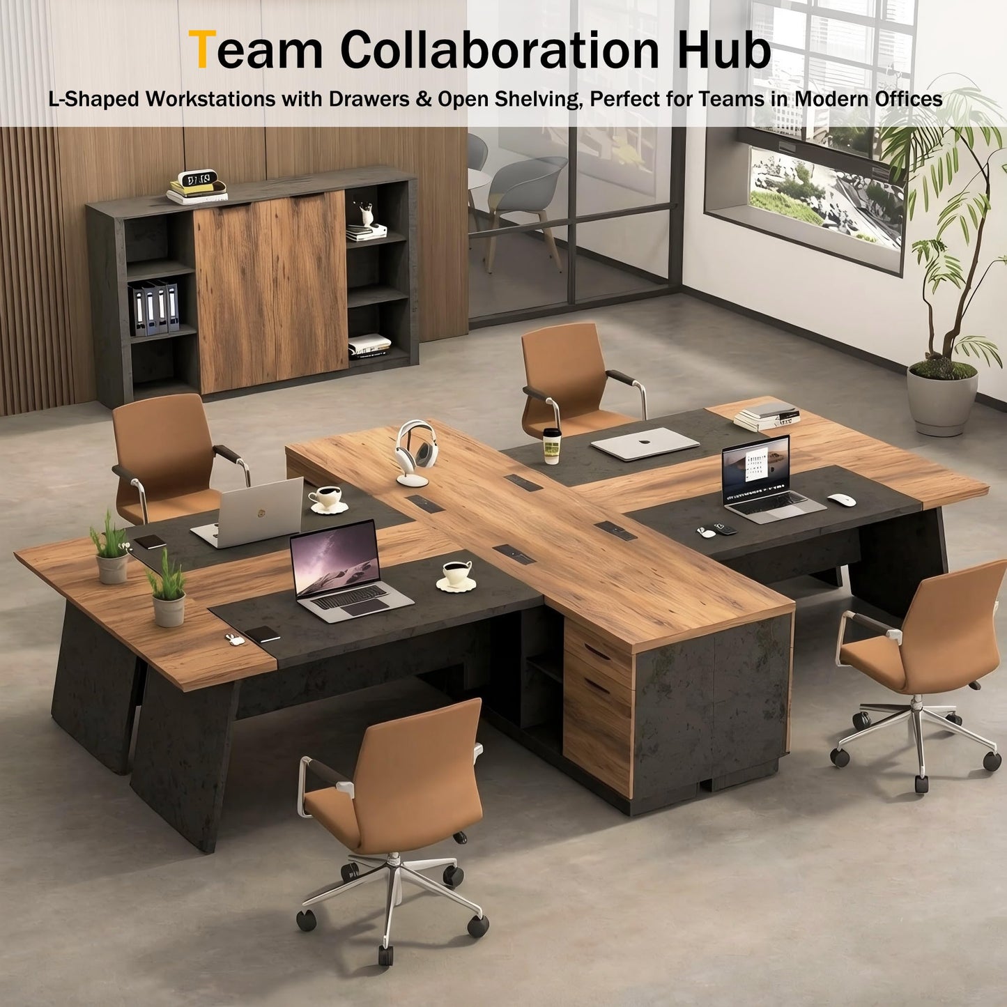 ONNAHOMEStlyle 78.74 Inch L Shaped Office Desk with Drawers & Built-in Power Access, Large Executive Workstation with Storage Cabinet, Modern Wooden Desk for Business or Home Office (Mahogany, Left)