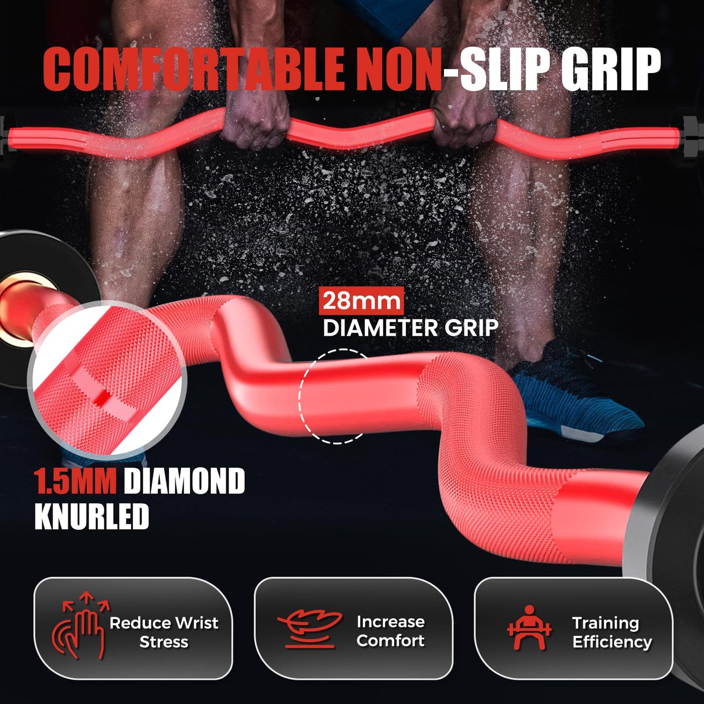 E.T.ENERGIC 47" Curl Bar Olympic EZ Bar 500-lbs Capacity Steel Barbell Suitable for 2" Barbell Plates, Black Sleeve Red Shaft