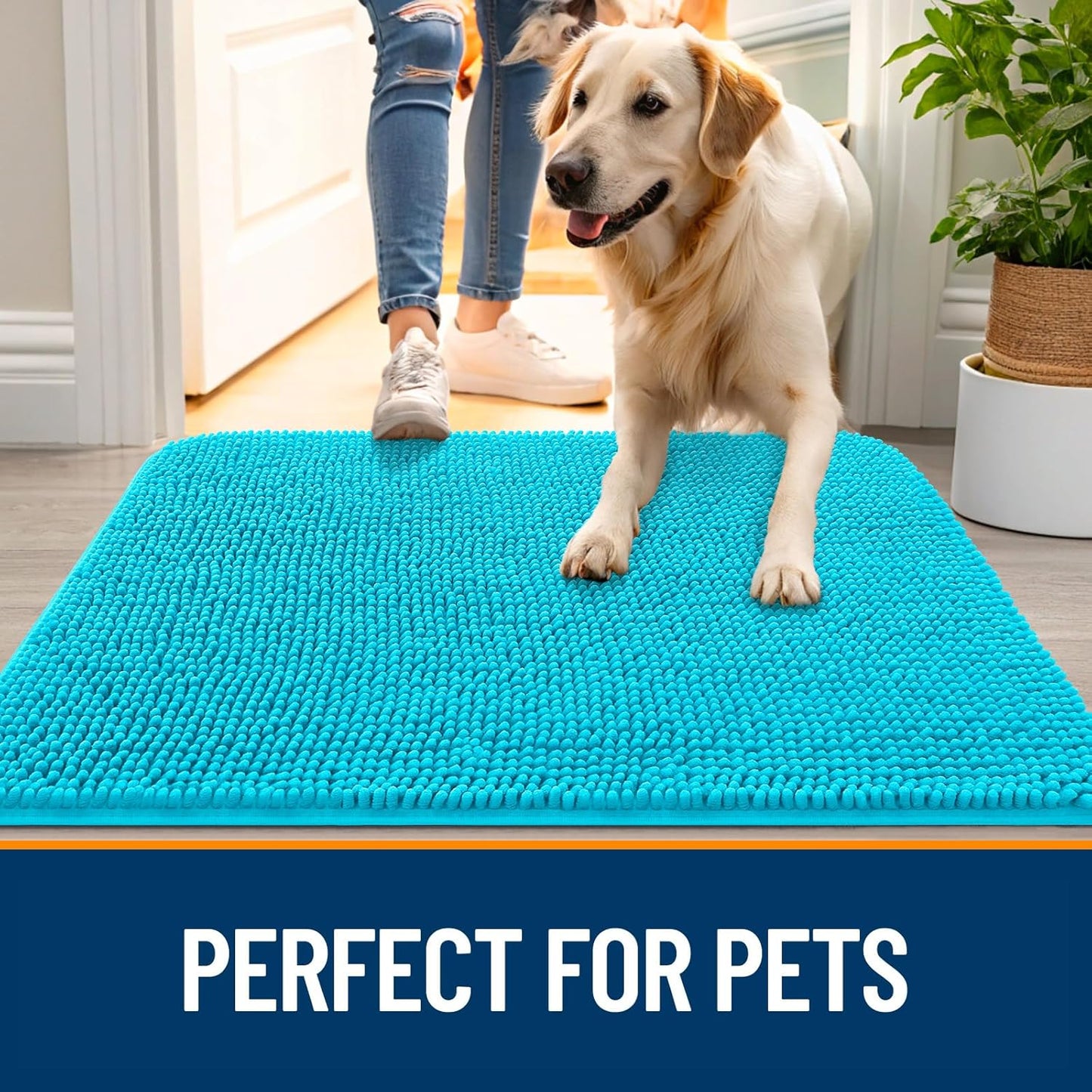 OLANLY Dog Door Mat - Absorbent Non-Slip Chenille Mat for Muddy Paws | 59x24 Inches, Aqua Blue