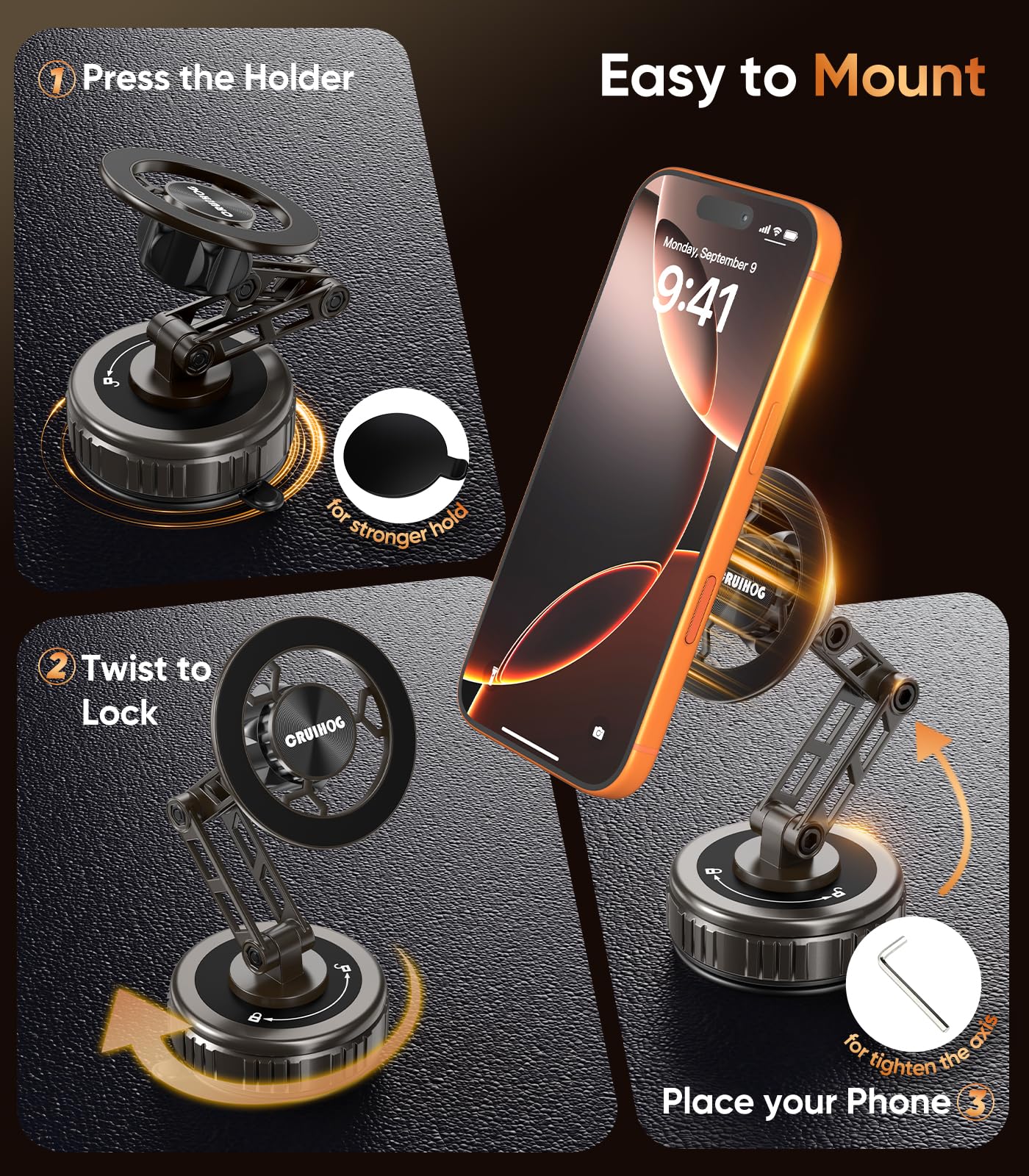 CRUIHOG Car Phone Holder,3-AXIS Telescopic Arm Magnetic Phone Mount, 360° Rotatable & Adjustable & Foldable Vacuum Suction Phone Stand,Phone Holders for Your Car/Dashboard/Windshield/Gym/Mirror