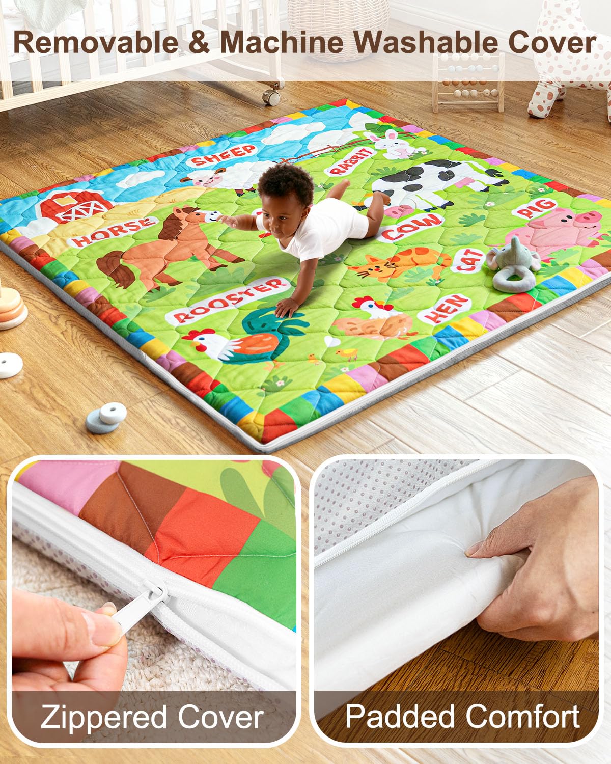 Beavtaens Foam Baby Play Mat 50x50, Removable and Machine Washable Cover, Thicken Cushioning Playmat and Perfect for Playpen, Non-Slip Bottom, Easy to Clean for Infants, Toddlers & Babies(Farm)
