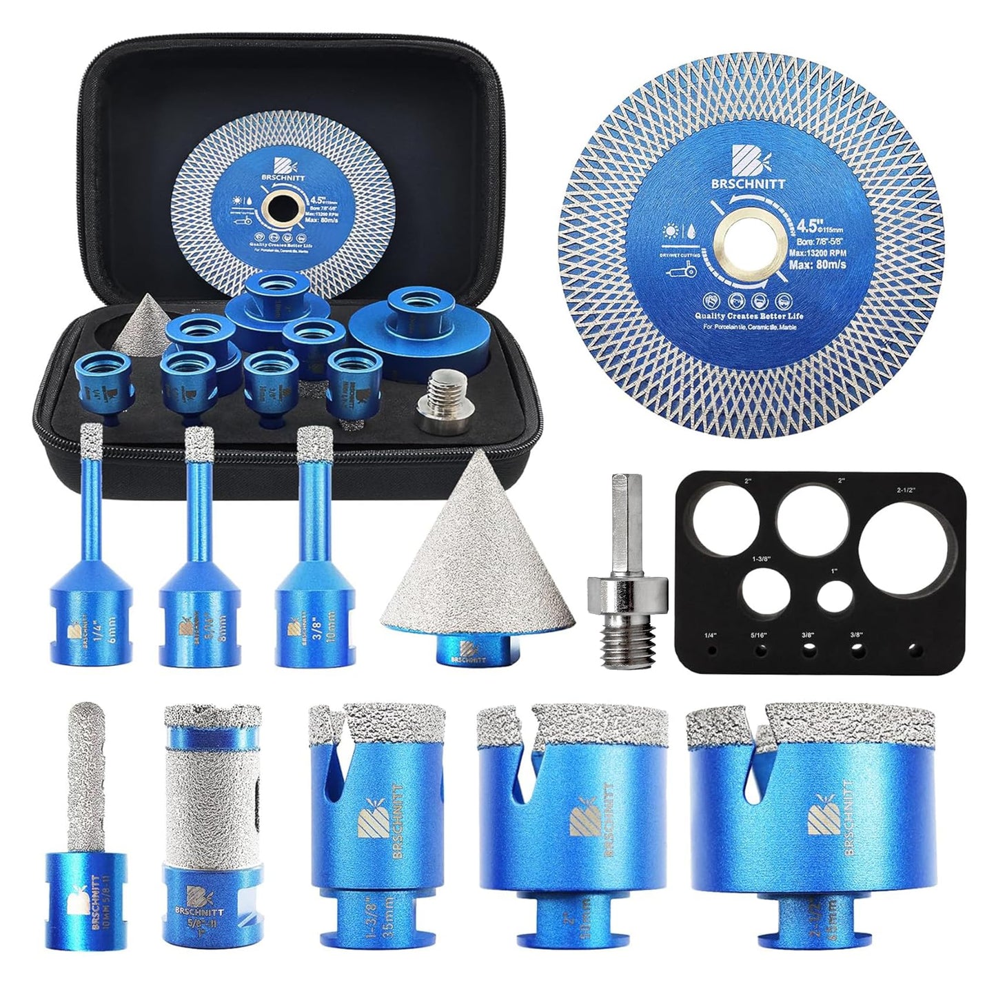 Tile Hole Saw Kit - BRSCHNITT Diamond Core Drill Bit 1/4" 5/16" 3/8" 1-3/8"2" 2-1/2"& 3/8" 1" Finger Bit & 2" Chamfer Bit for Porcelain Tile Ceramic Marble Granite & Diamond Blade