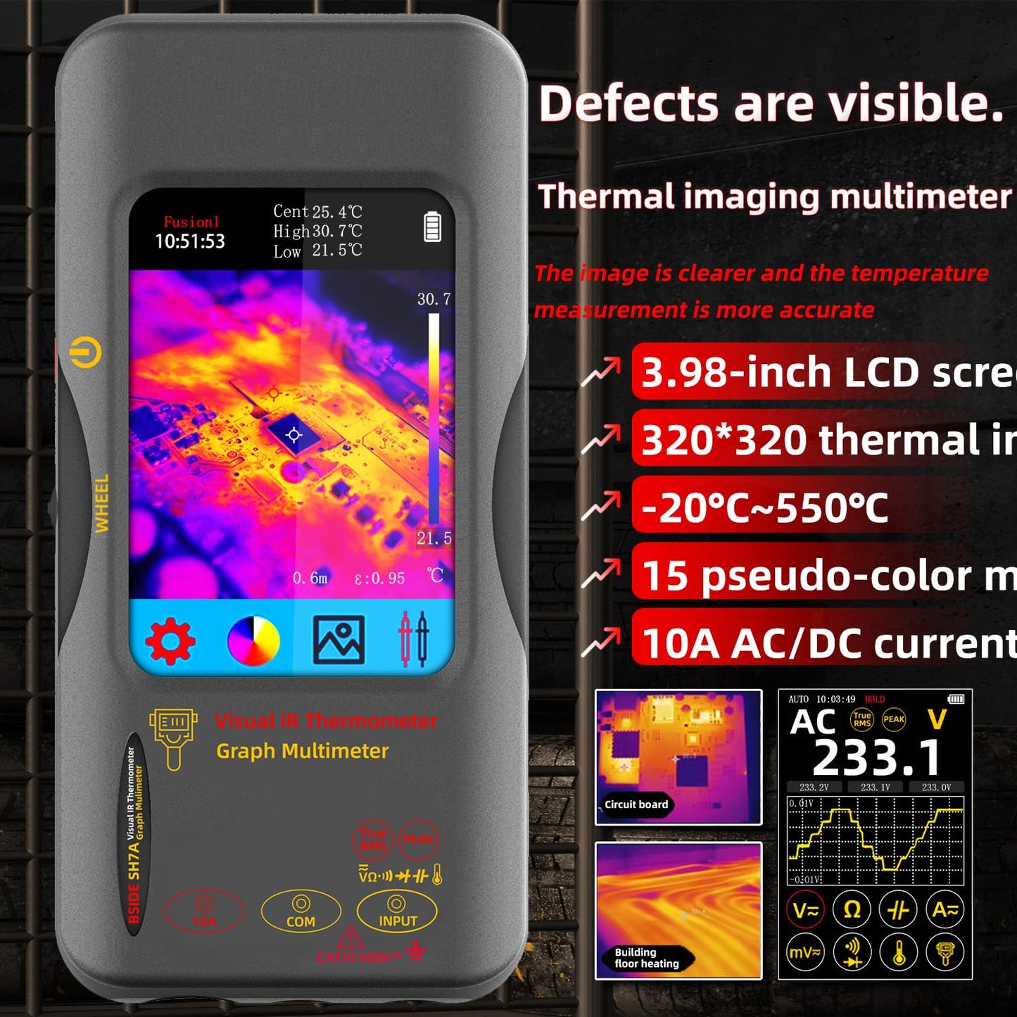 BSIDE SH7A Thermal Imager Multimeter 2 in 1, 320×320 IR Resolution with 20000 Words Multimeter 3.98'' Touchscreen 25Hz Infrared Thermal Camera 15 Thermal Palettes TRMS Auto-Ranging Tester
