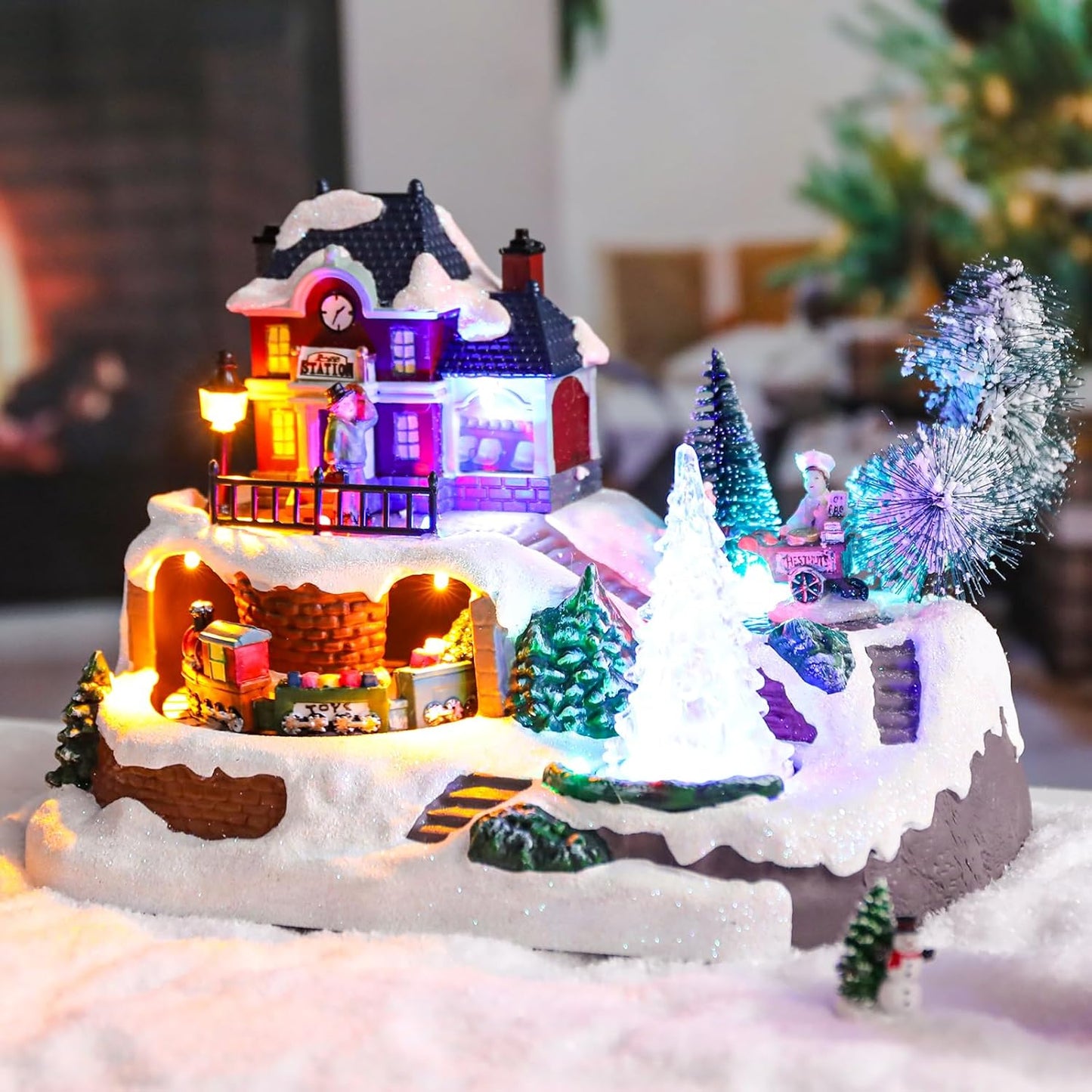 Wonder Garden Christmas Village Houses - Lighted Musical Railway Station with Moving Train & Animated Figurines for Indoor Decor