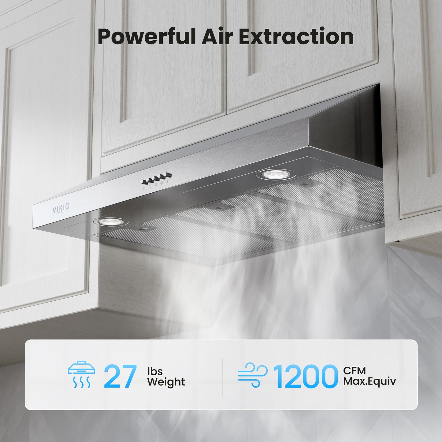 VIKIO HOME Under Cabinet Range Hood 42 Inch, 1200 CFM Dual-Motor Kitchen Vent with LED Lights, Button Control, Ducted Vent Hood, Reusable 5-Layer Aluminum Filters, Stainless Steel