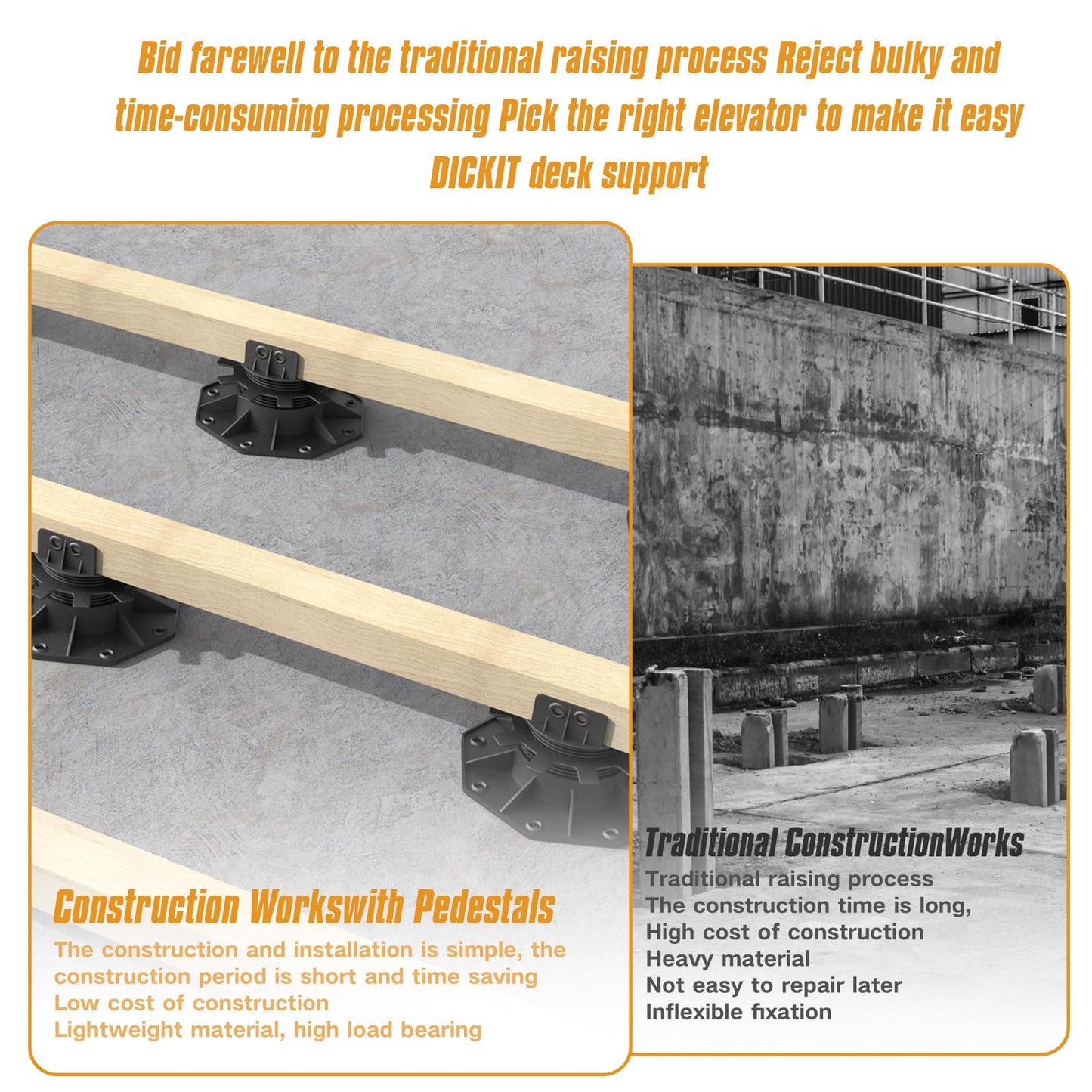 Deckit 12-Pack Adjustable Deck Support Pedestals, 1.18"–2.36" (30–60 mm), for 2×4 & 2×6 Joist Framing, Ground Support & Leveling for Patio, Shed Base & Floating Deck, Includes Joist Tape