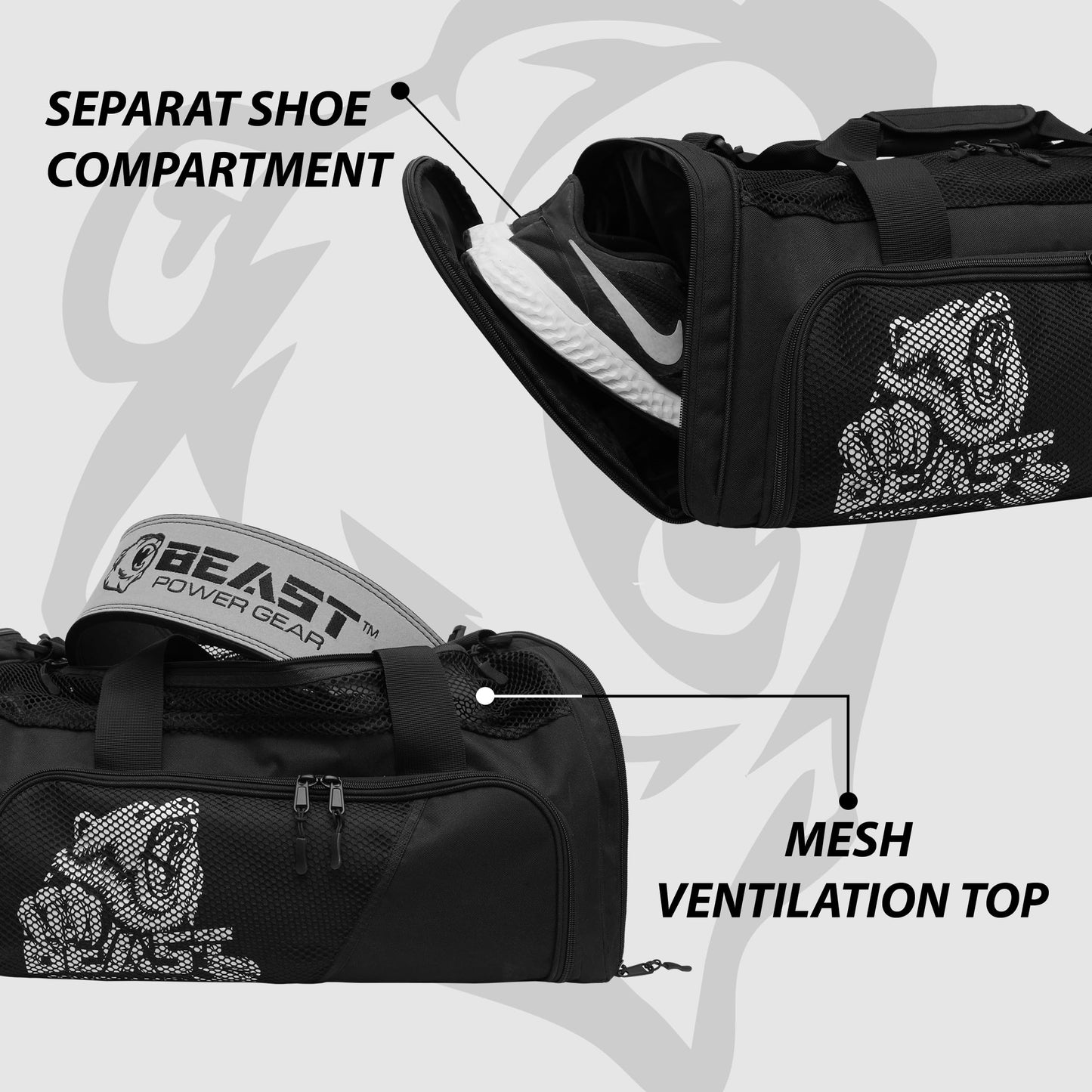 Beast Power Gear Gym Duffle Bag - Workout, Boxing, MMA, Sports Bag with Shoes Compartment and Adjustable Shoulder Strap for Men and Women (Black/White)