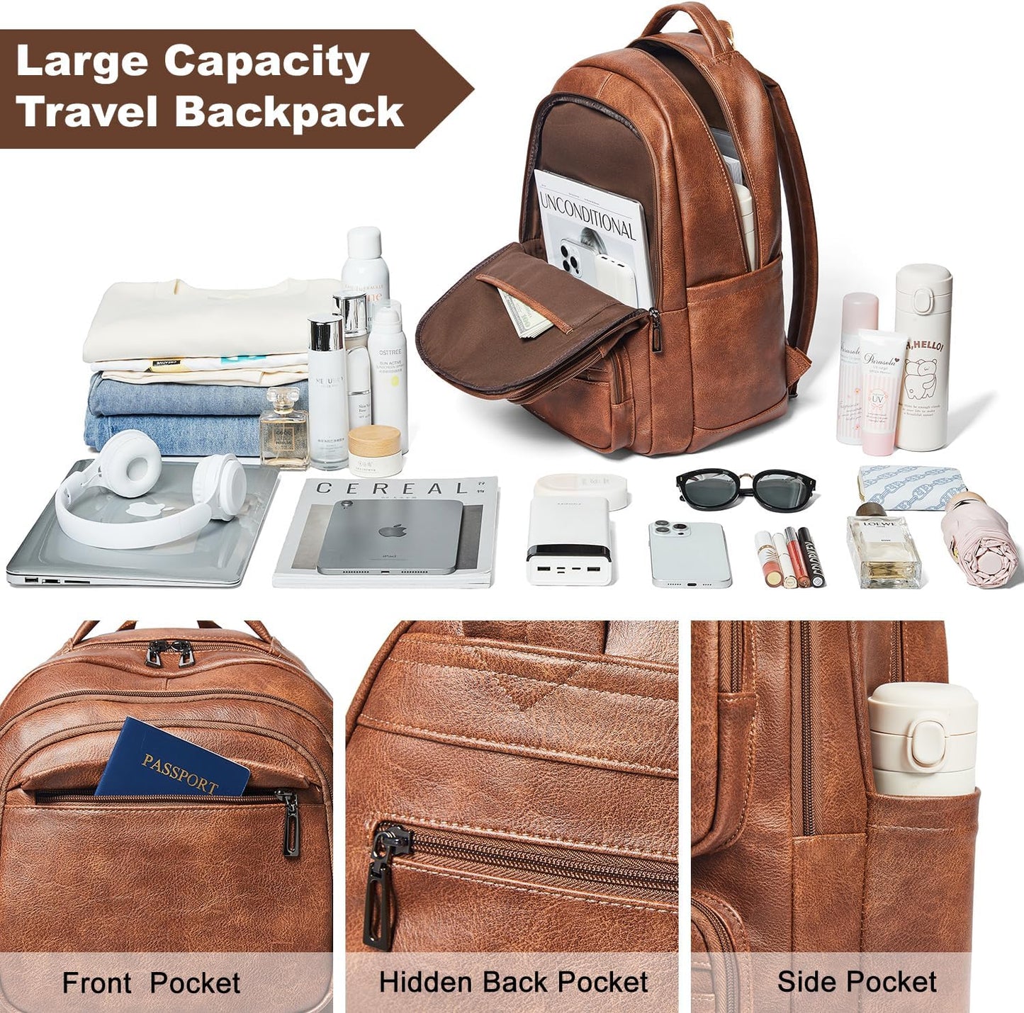 43L Backpack 17 16 15.6 Inch LATMAP Purse For Women Men Leather Shoulder Diaper Bookbag Tote Laptop Bag Handbags