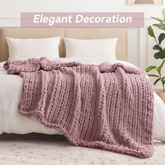 Negwoo Chunky Knit Throw Blanket, 80''*90'' Knitted Throw Chenille Yarn for Bed Couch, Handmade Muted Pink Crochet Big Thick Blanket, Machine Washable Cute Comfy Blanket for Home Decor