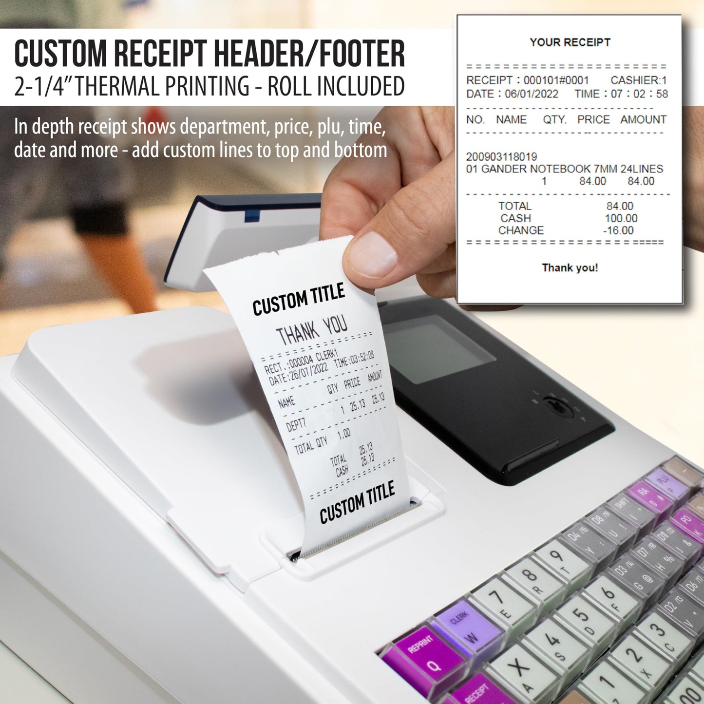 Electronic Cash Register with Cash and Coin Drawer, Quick Load Thermal Printer, 50 Dept 50 Clerks, 4700 Lookups, White