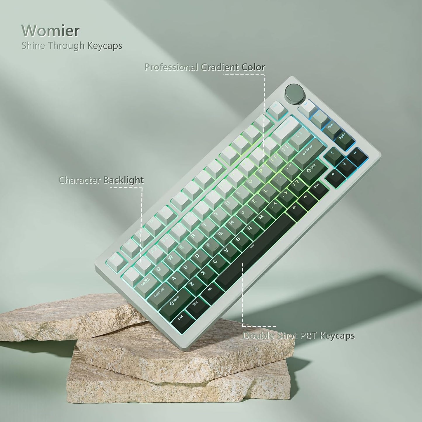Womier 60 75 100 Green Keycaps for Mechanical Keyboard, Shine Through PBT Keycaps Cherry Profile, Custom Key Cap