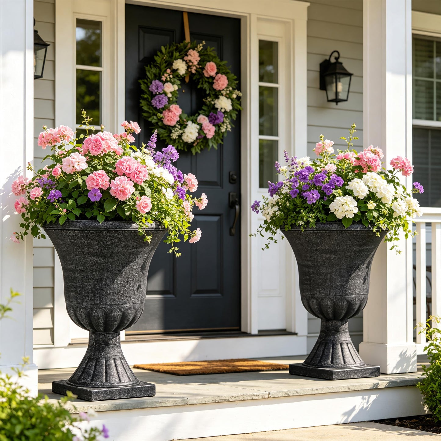 Autodaya 22" Timeless Urn Planters for Outdoor Plants, Set of 2 Plastic Large Flower Pot with Handmade Washed Black Finish, Weather-Resistant for Porch, Garden, Patio or Indoor Use