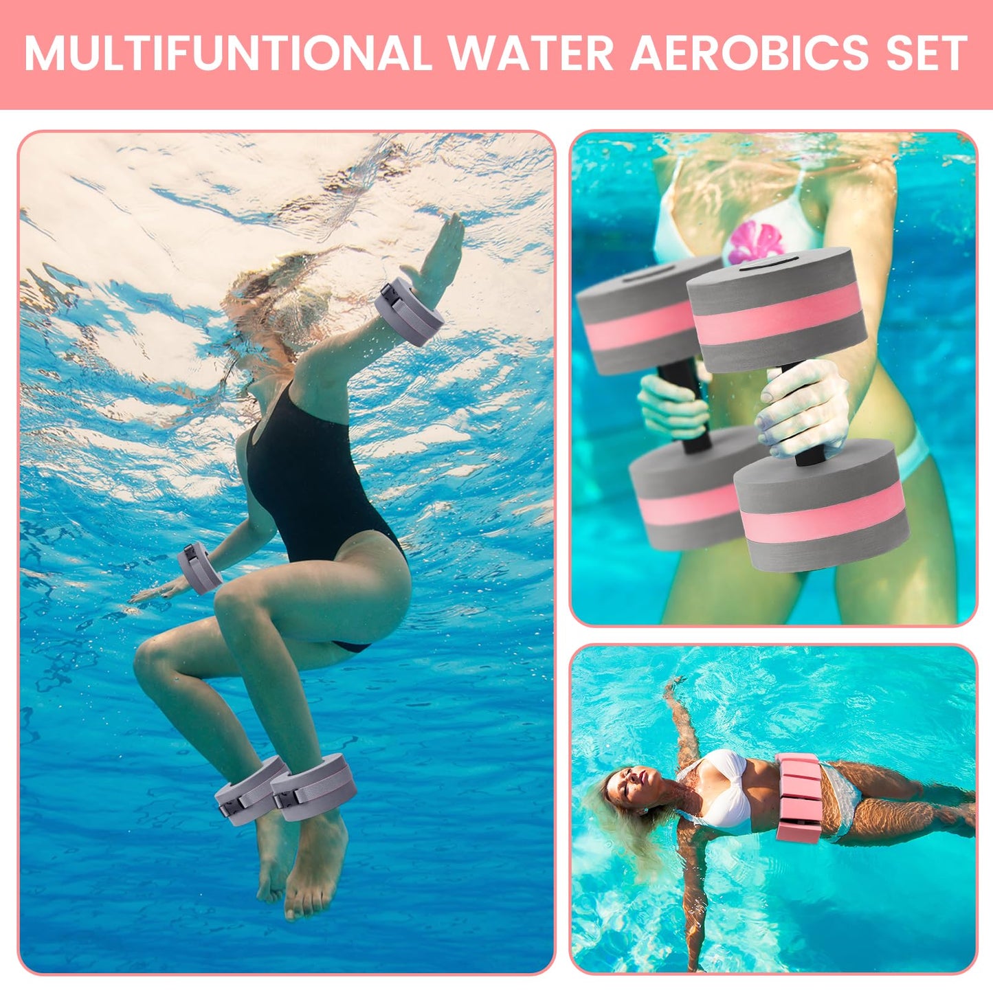 WinnerWhy 6 Pcs Aquatic Exercise Set Water Aerobics Set Large Mesh Beach Bag Pool Fitness Equipment Foam Water Dumbbell Ankle Swimming Weight Aquatic Swim Belt for Exercise Weight Loss(Grey Pink)
