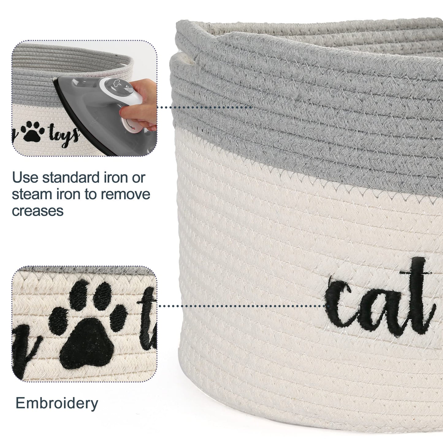 PrimePets Cat Toy Basket, Cotton Rope Storage Basket with Handles, Small Woven Pet Box Bin for Blankets, 15x10x9 inch Cat Holder Container, White and Grey