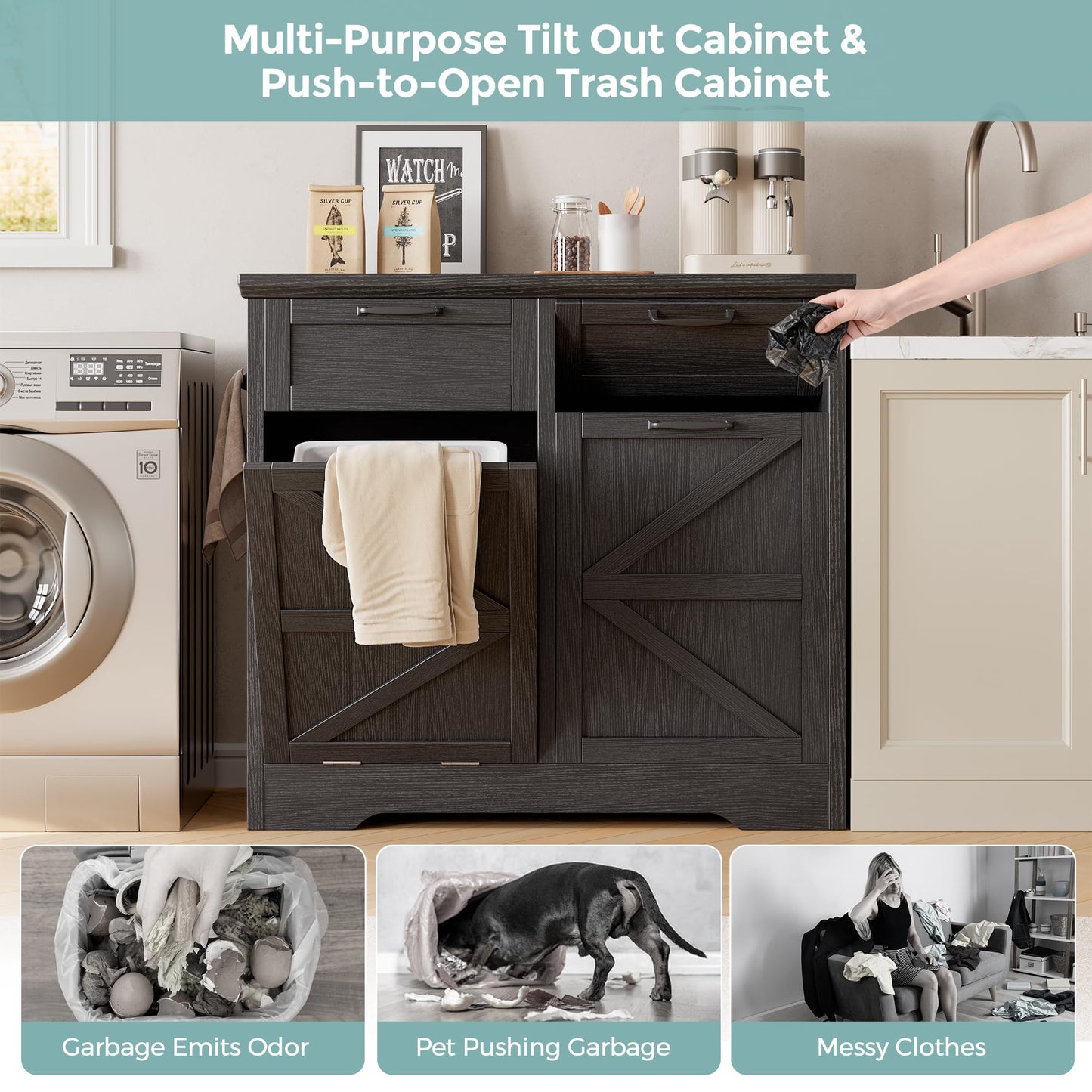 Jocoevol Double Trash Can Cabinet, 10 Gallon Hidden Tilt Out Trash Laundry Hamper Cabinet with Storage Drawers, Pet Proof Wood Garbage Can Cabinet for Kitchen, Home, Laundry, Black
