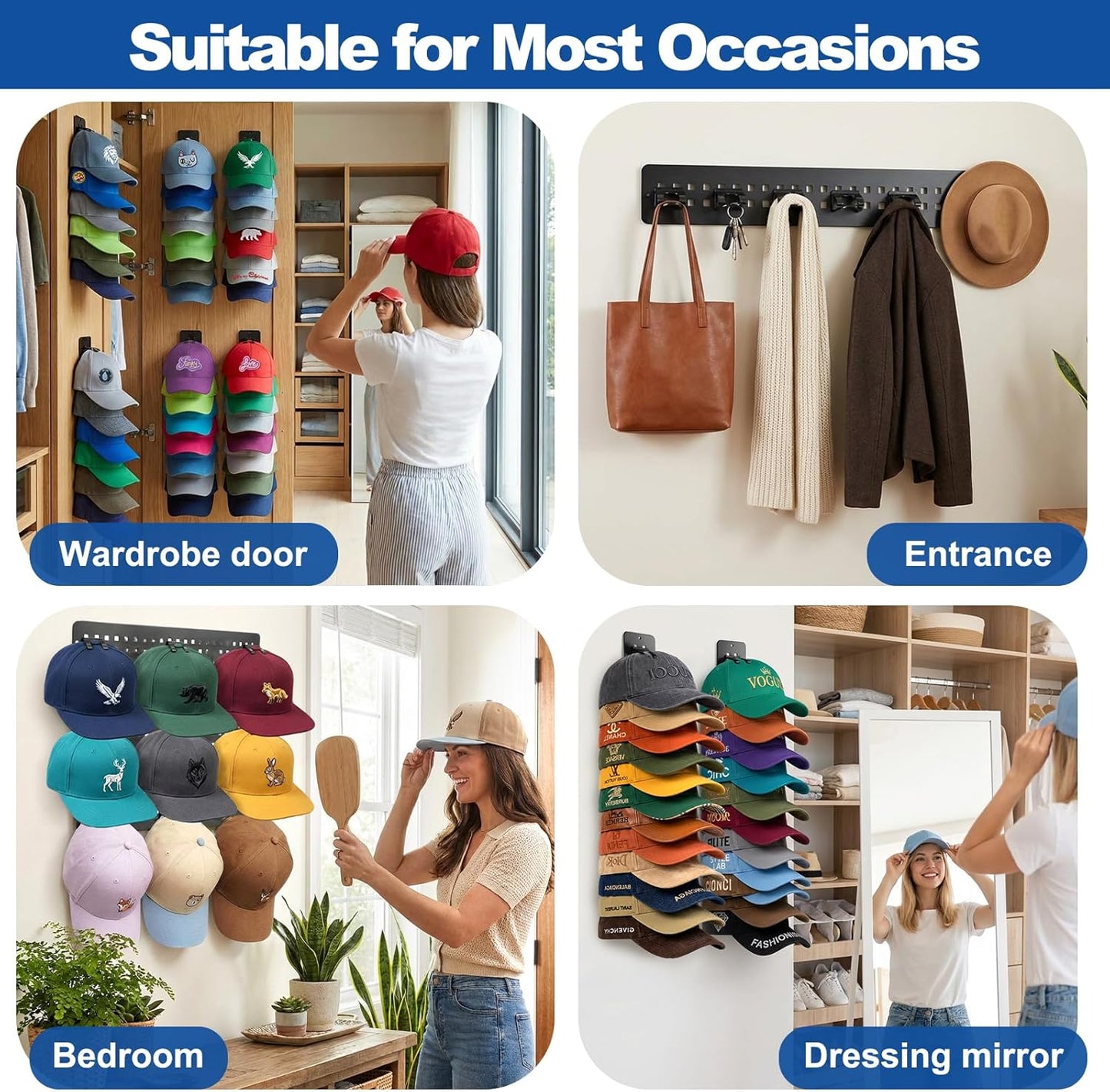 Skiennix Hat Hook Organizer - 2 Pack Baseball Cap Hanger with Strong Adhesive | Multi-Layer Storage for 20 Caps - Black